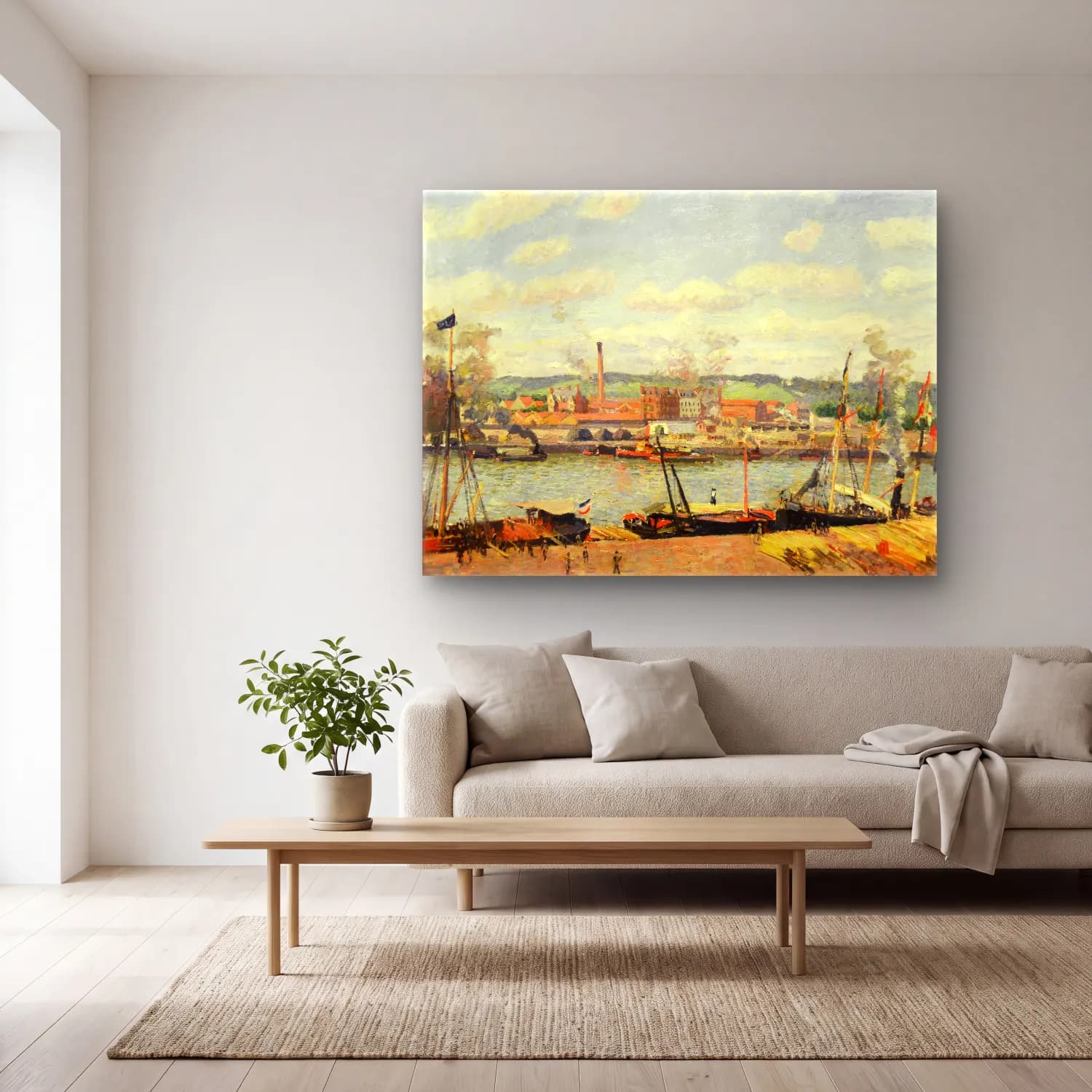 Camille Pissarro – View on the cotton mill of Oiseel near Rouen cam tablo — açık renk salonda