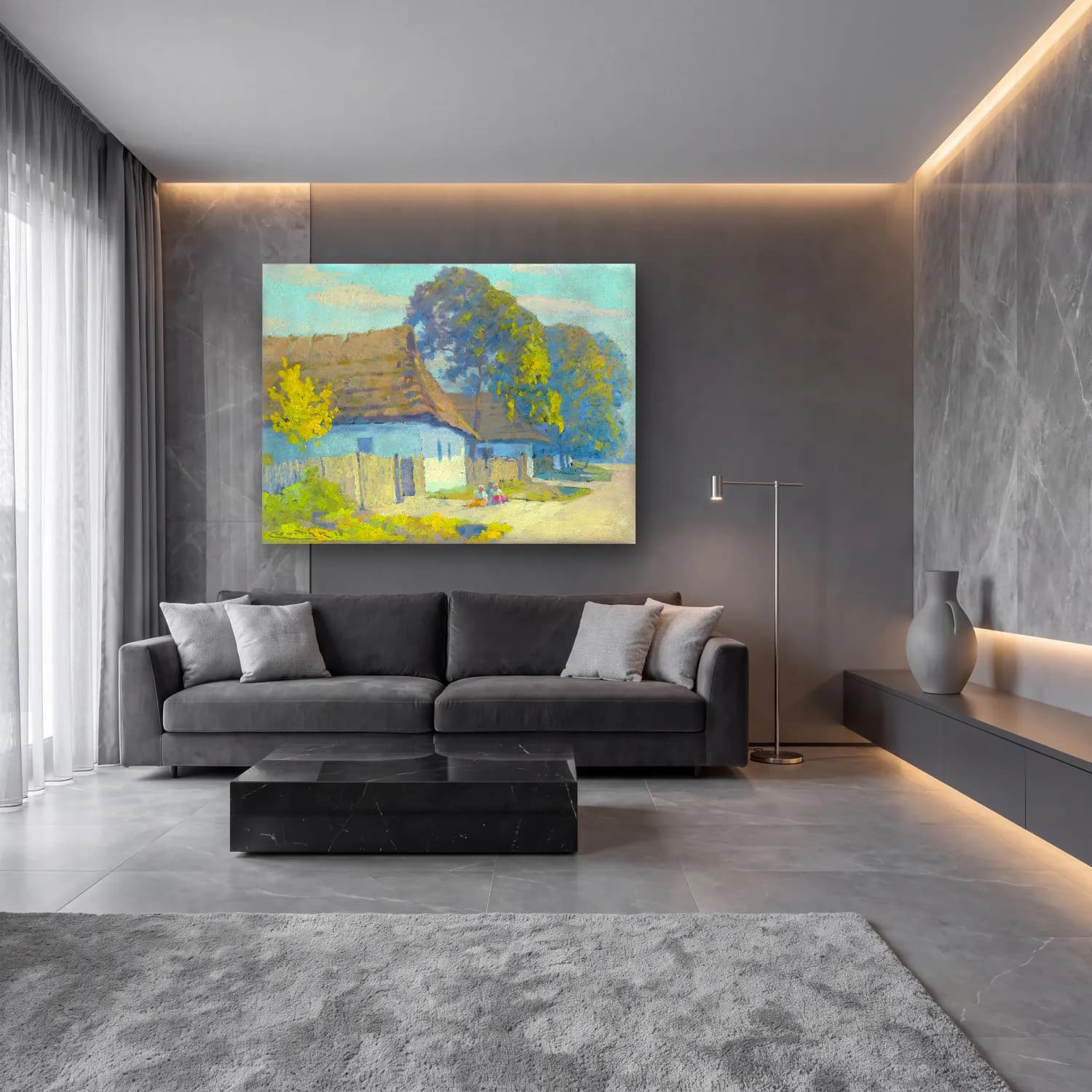 Yağlı Boya Kır Evi No. 56 cam tablo — lüks salon duvarında