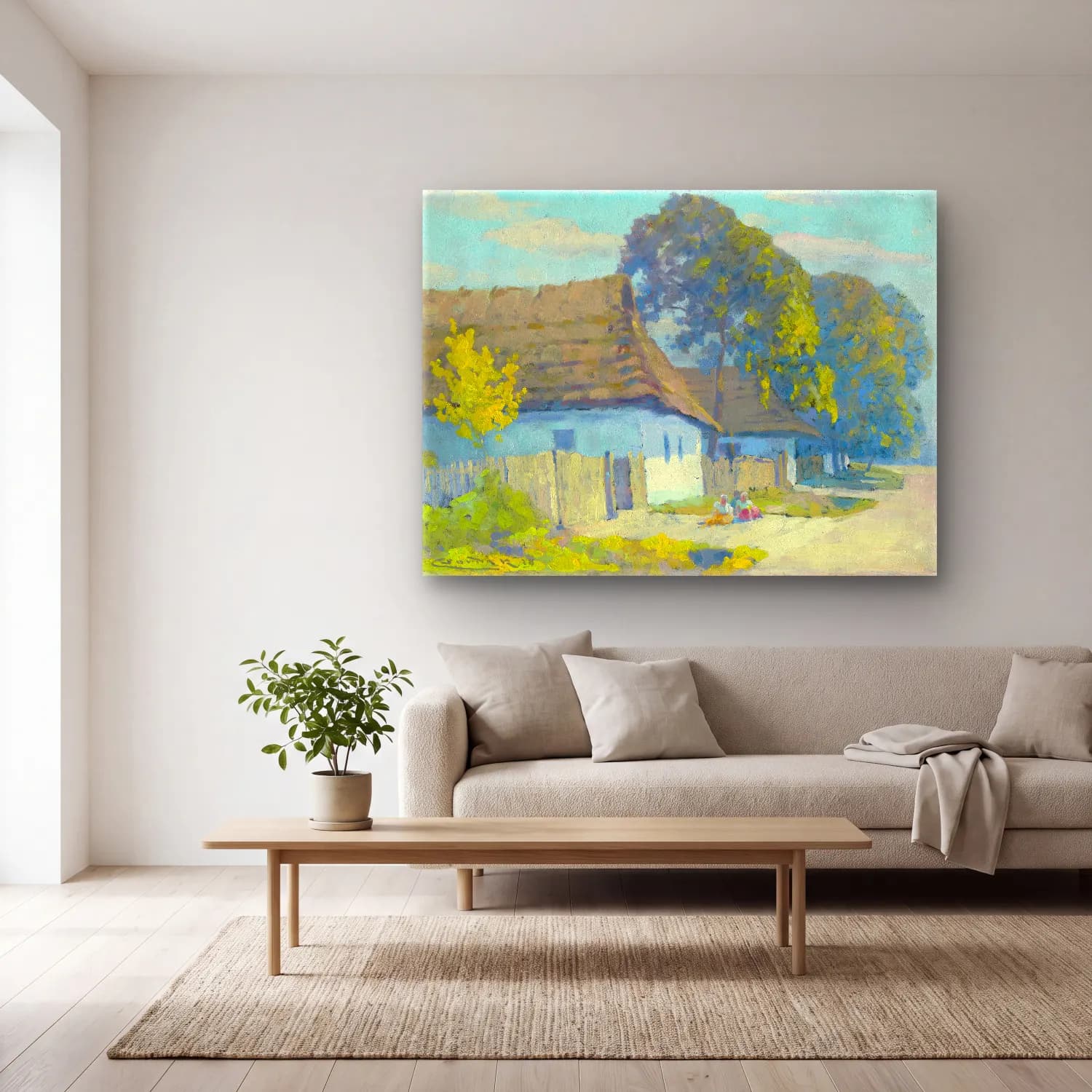 Yağlı Boya Kır Evi No. 56 cam tablo — açık renk salonda