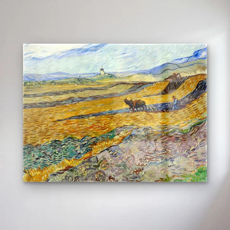 Vincent van Gogh – Enclosed Field with Ploughman – Sarı Tonlar cam tablo — Vincent van Gogh – Enclosed Field with Ploughman – Sarı Tonlar — empresyonist buğday tarlası