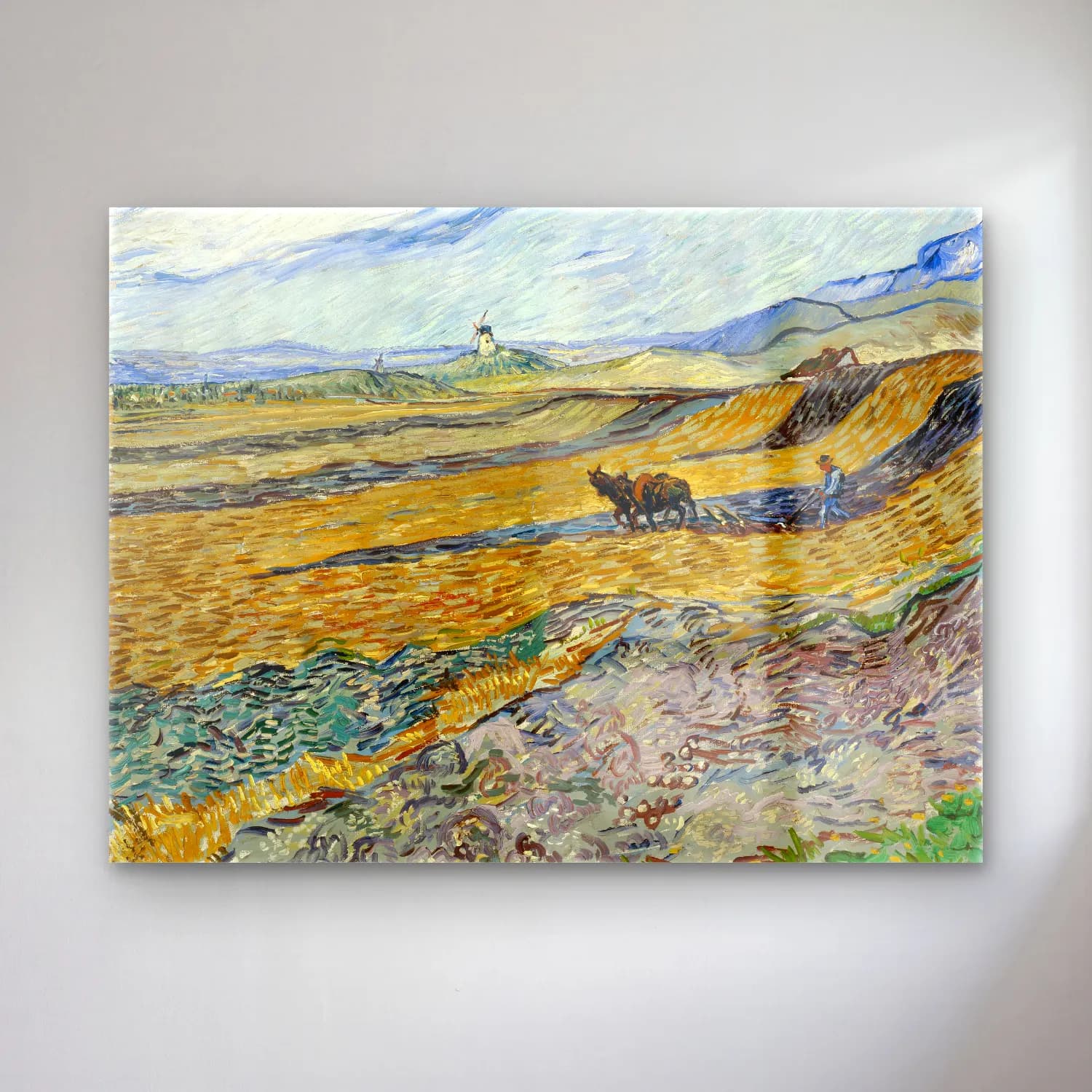 Vincent van Gogh – Enclosed Field with Ploughman – Sarı Tonlar cam tablo — Vincent van Gogh – Enclosed Field with Ploughman – Sarı Tonlar — empresyonist buğday tarlası