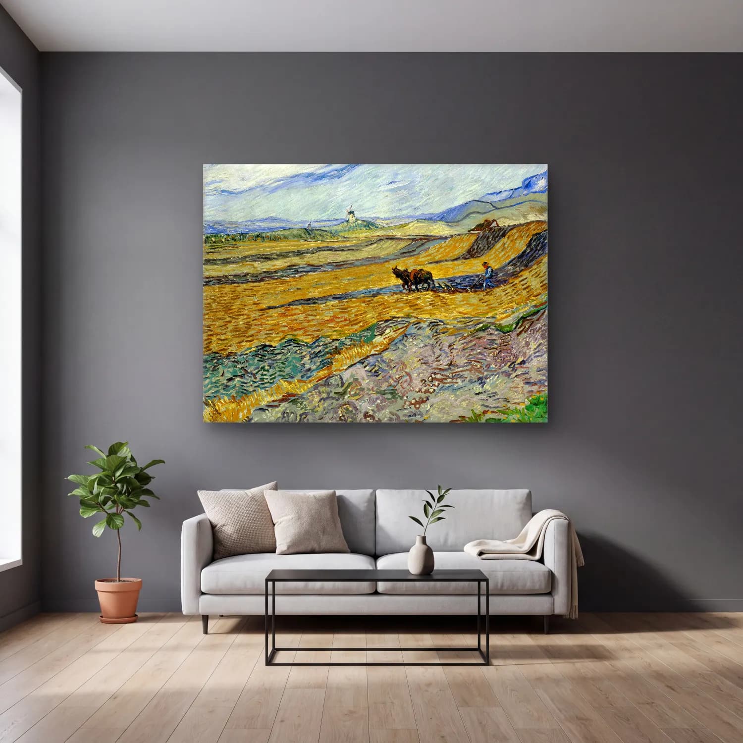Vincent van Gogh – Enclosed Field with Ploughman – Sarı Tonlar cam tablo — gri duvarlı salonda