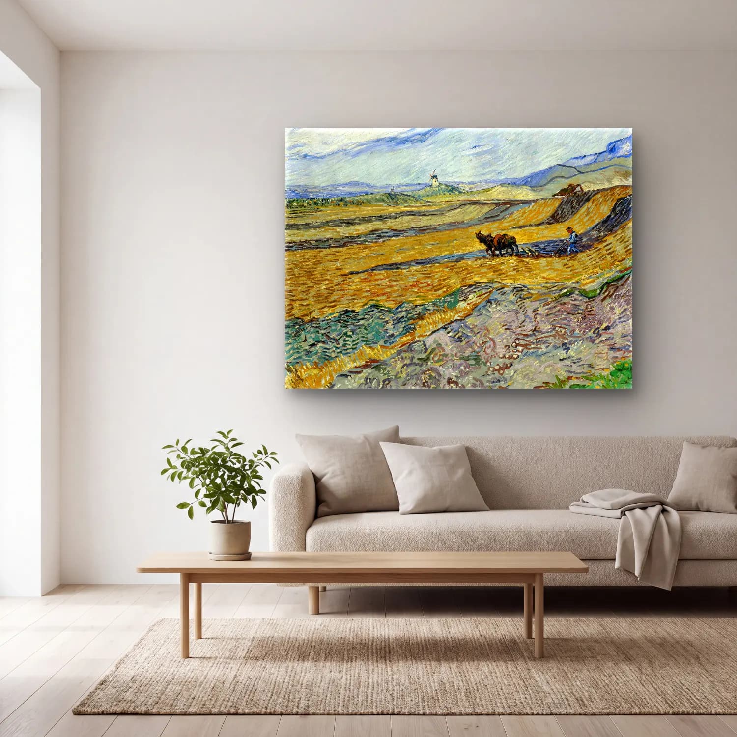 Vincent van Gogh – Enclosed Field with Ploughman – Sarı Tonlar cam tablo — açık renk salonda