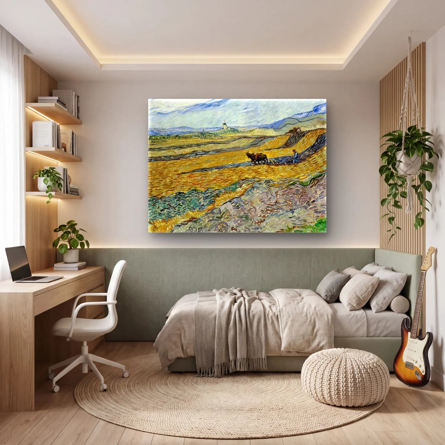 Vincent van Gogh – Enclosed Field with Ploughman – Sarı Tonlar cam tablo — genç odasında