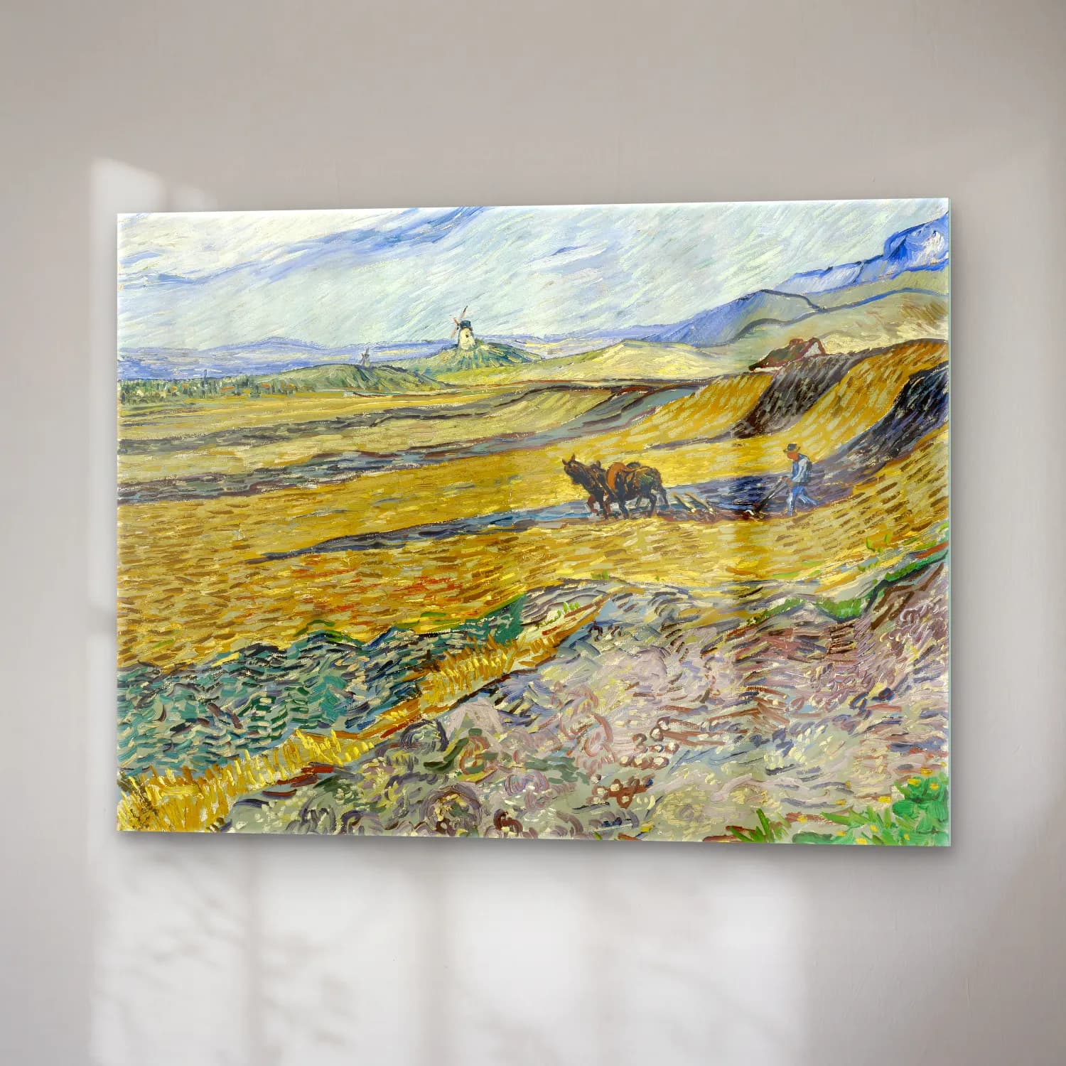Vincent van Gogh – Enclosed Field with Ploughman – Sarı Tonlar cam tablo — sağ açıdan görünüm