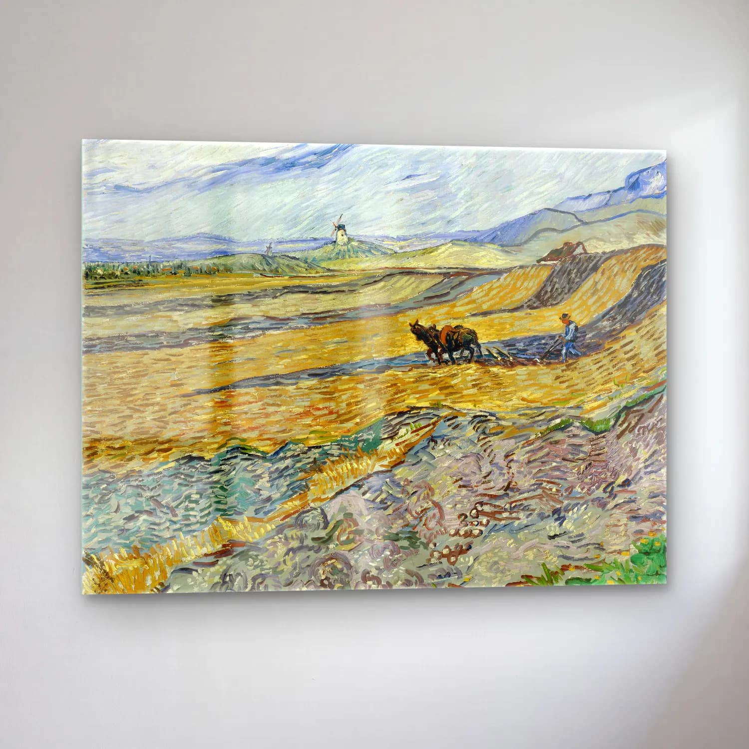 Vincent van Gogh – Enclosed Field with Ploughman – Sarı Tonlar cam tablo — sol açıdan görünüm
