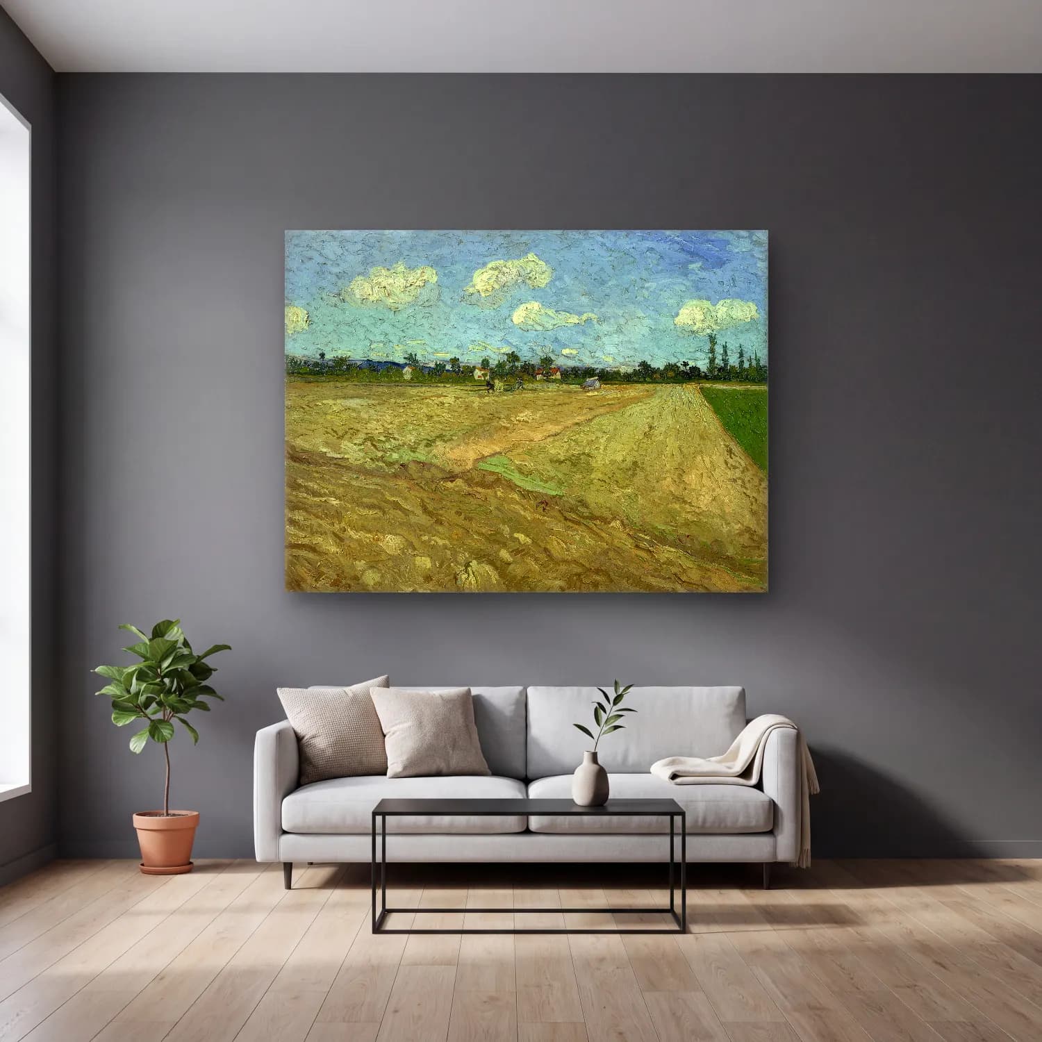 Vincent van Gogh – Geploegde akkers cam tablo — gri duvarlı salonda