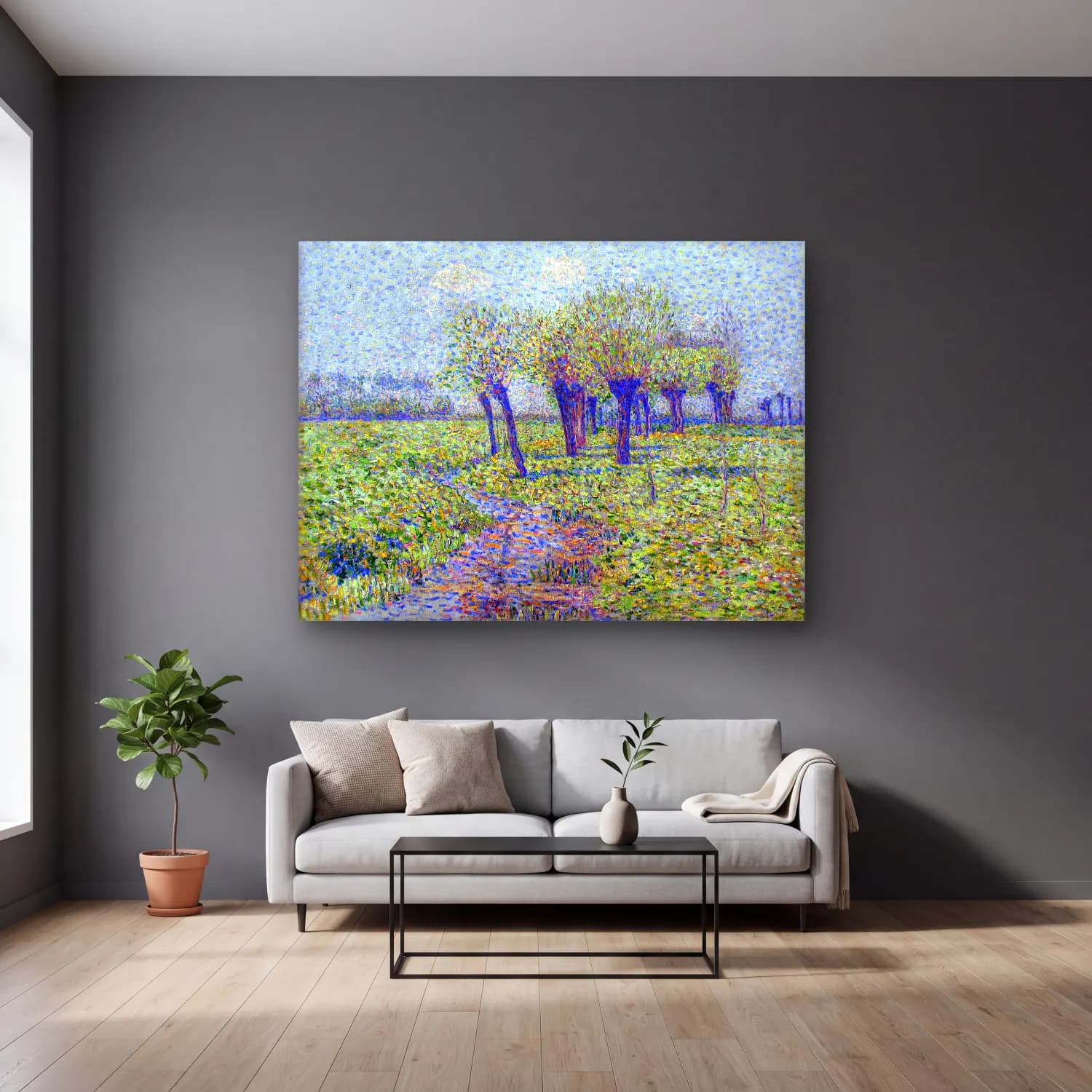 Paul Baum – Willows by the Brook impressionism oil painting cam tablo — gri duvarlı salonda