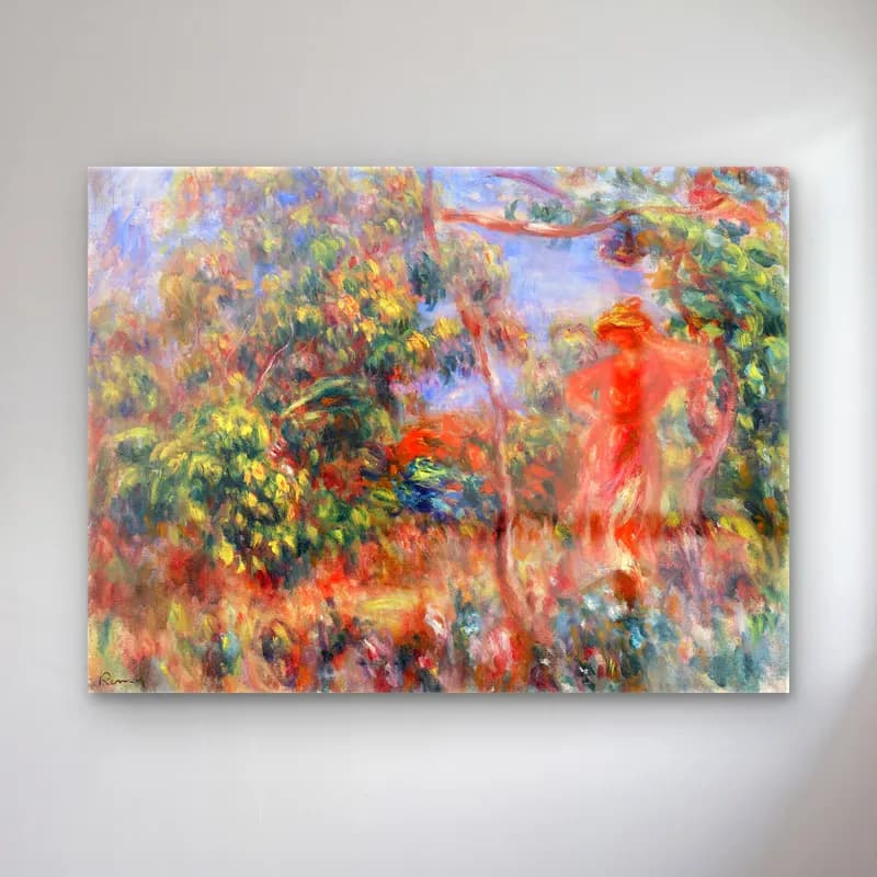 Pierre-Auguste Renoir – Woman in Red in a Landscape (Femme en rouge dans un paysage) cam tablo — Pierre-Auguste Renoir – Woman in Red in a Landscape (Femme en rouge dans un paysage) — empresyonist çiçek bahçesi