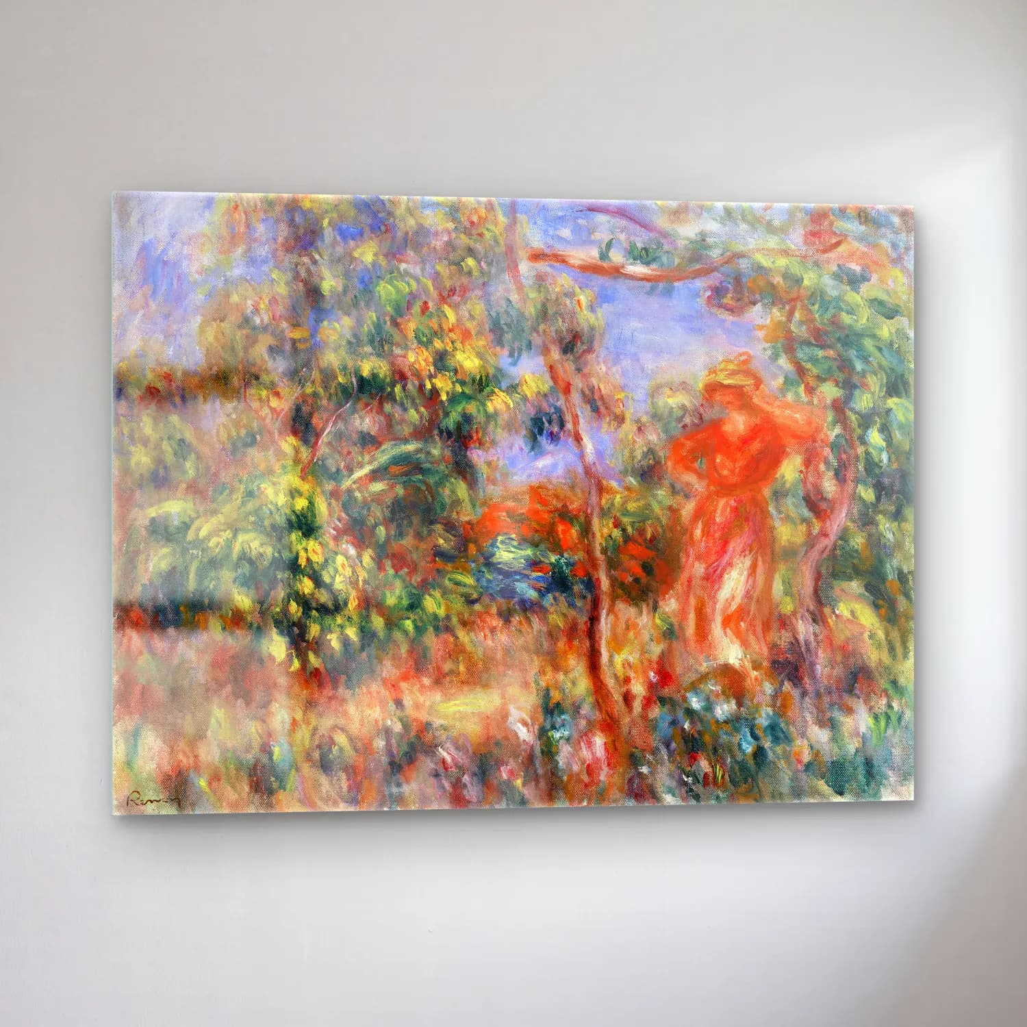 Pierre-Auguste Renoir – Woman in Red in a Landscape (Femme en rouge dans un paysage) cam tablo — sol açıdan görünüm