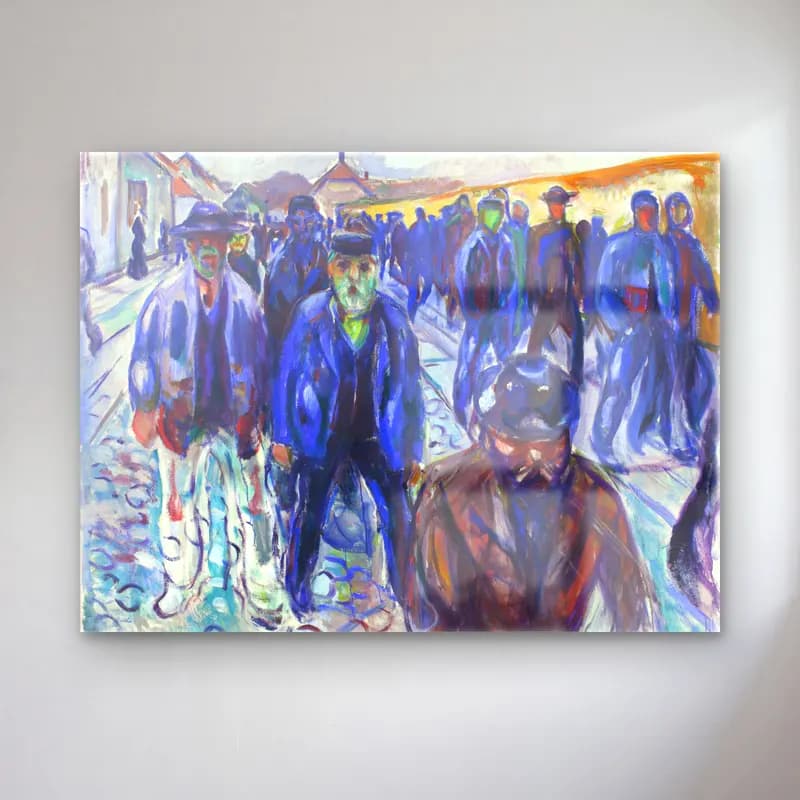 Edvard Munch – Workers on their Way Home – Mavi Tonlar cam tablo — Edvard Munch – Workers on their Way Home – Mavi Tonlar — empresyonist kalabalık cadde
