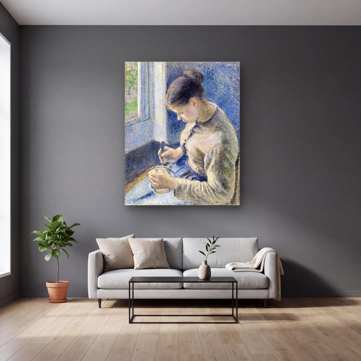 Camille Pissarro – Young Peasant Having Her Coffee cam tablo — gri duvarlı salonda