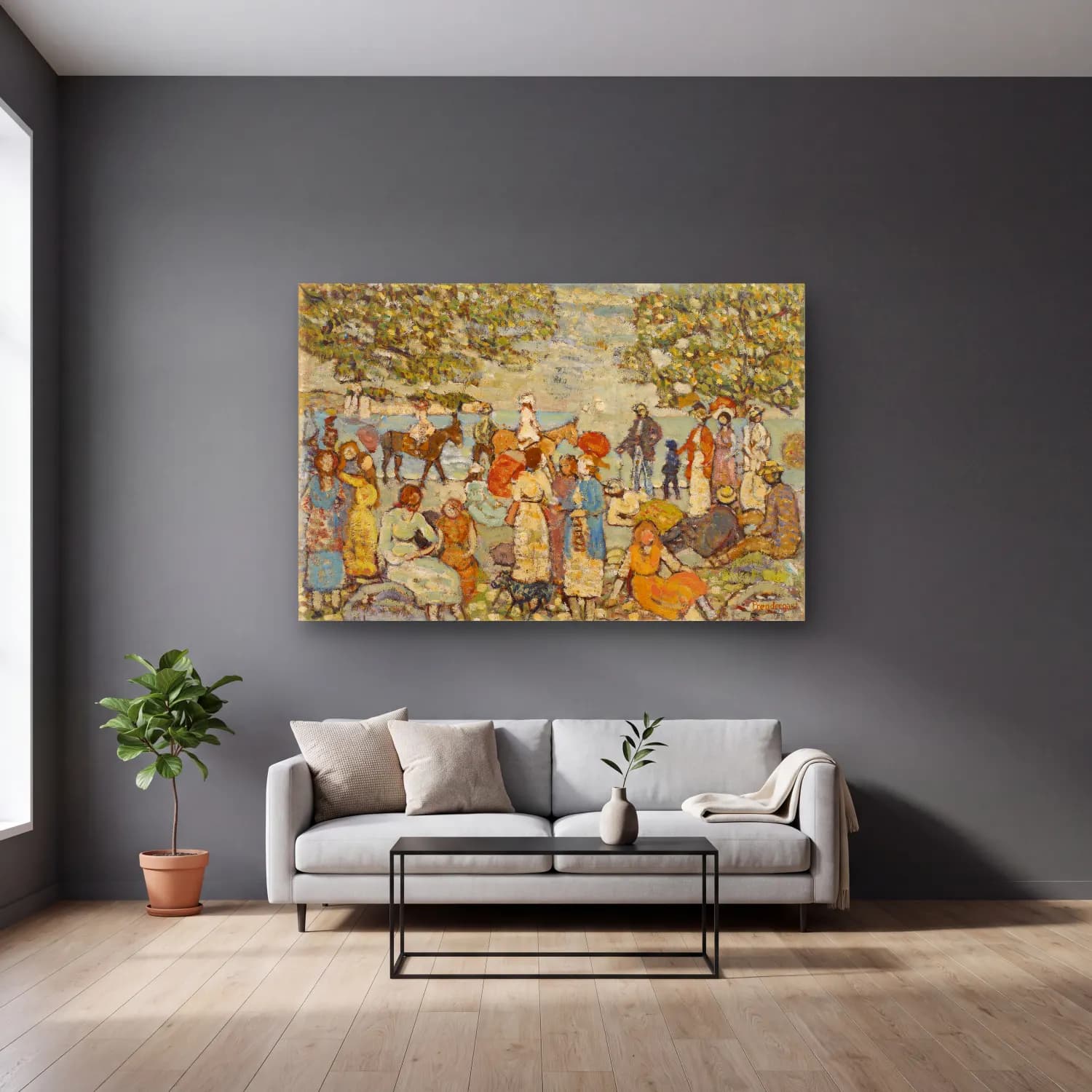Maurice Brazil Prendergast – Beach Scene with Donkeys (or Mules) cam tablo — gri duvarlı salonda