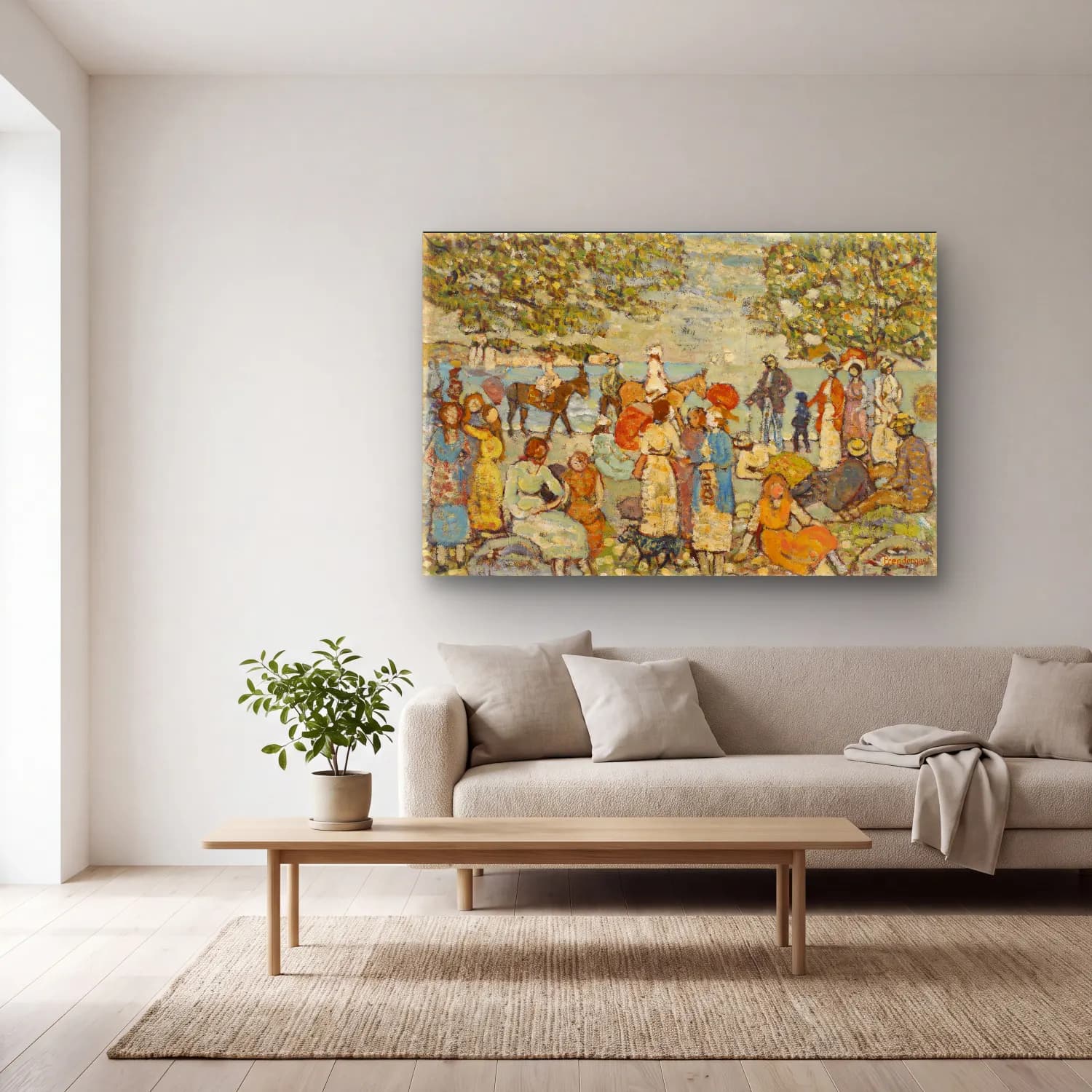 Maurice Brazil Prendergast – Beach Scene with Donkeys (or Mules) cam tablo — açık renk salonda