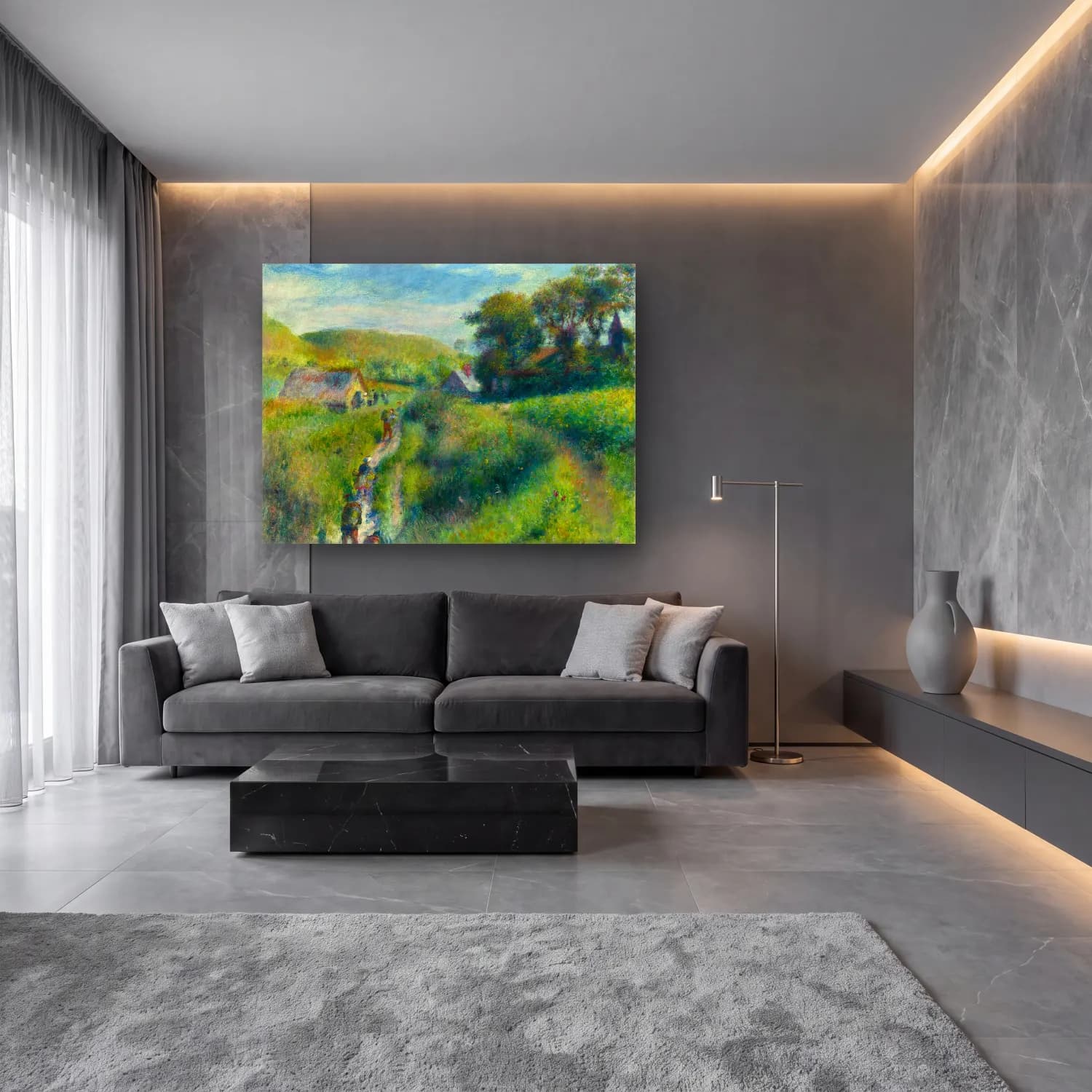 Empresyonist Kır Evi No. 46 cam tablo — lüks salon duvarında