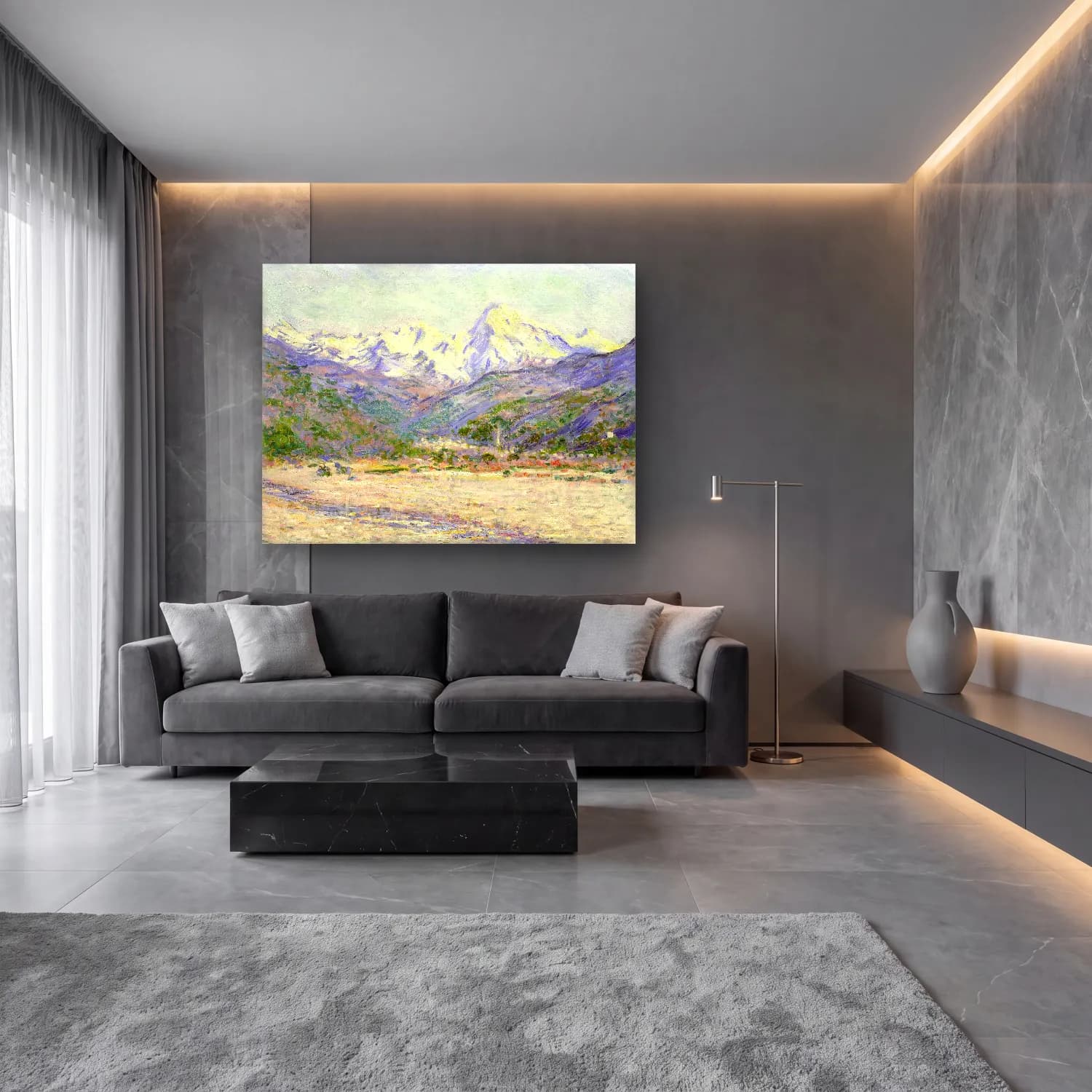Claude Monet – The Valley of the Nervia – Bej Tonlar cam tablo — lüks salon duvarında