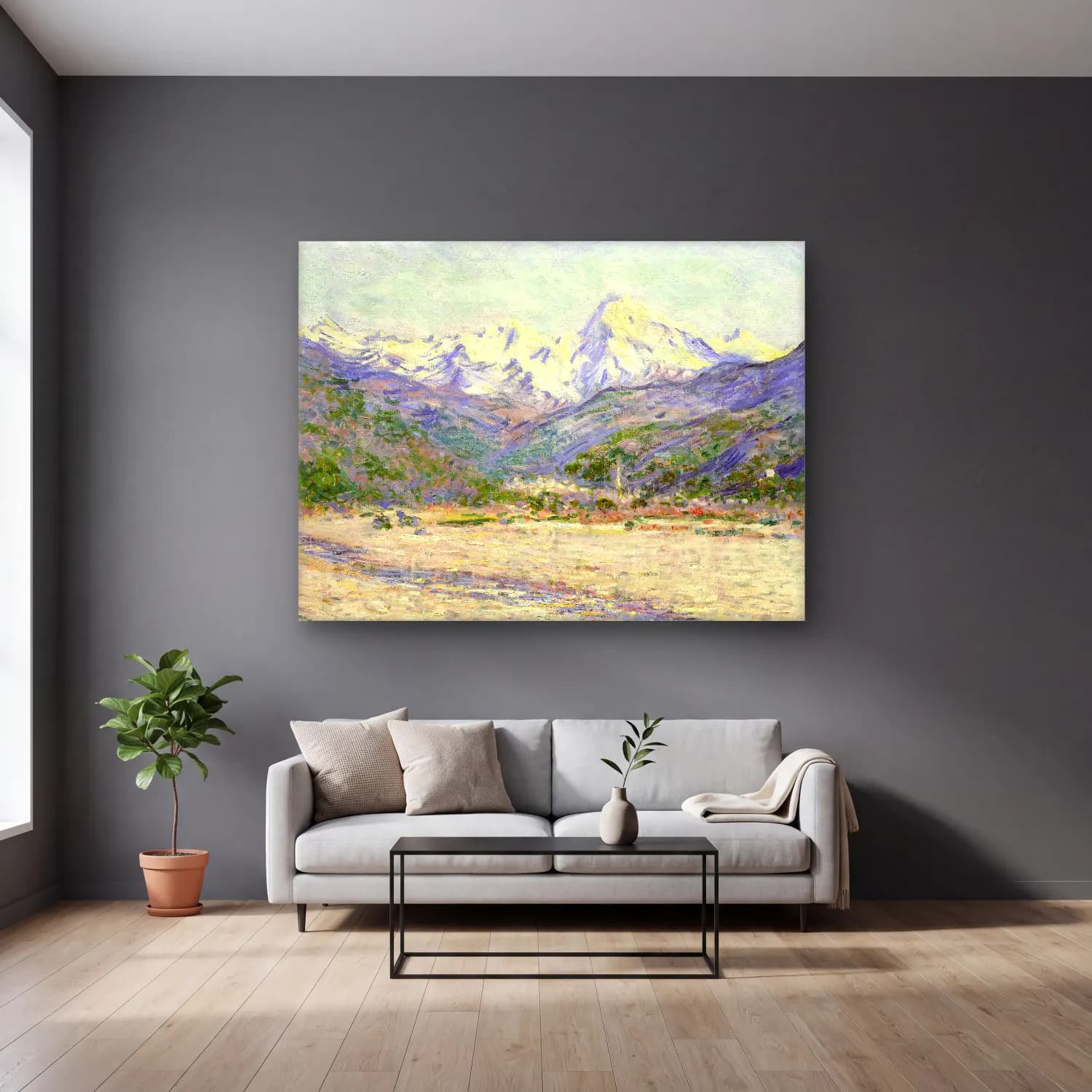Claude Monet – The Valley of the Nervia – Bej Tonlar cam tablo — gri duvarlı salonda