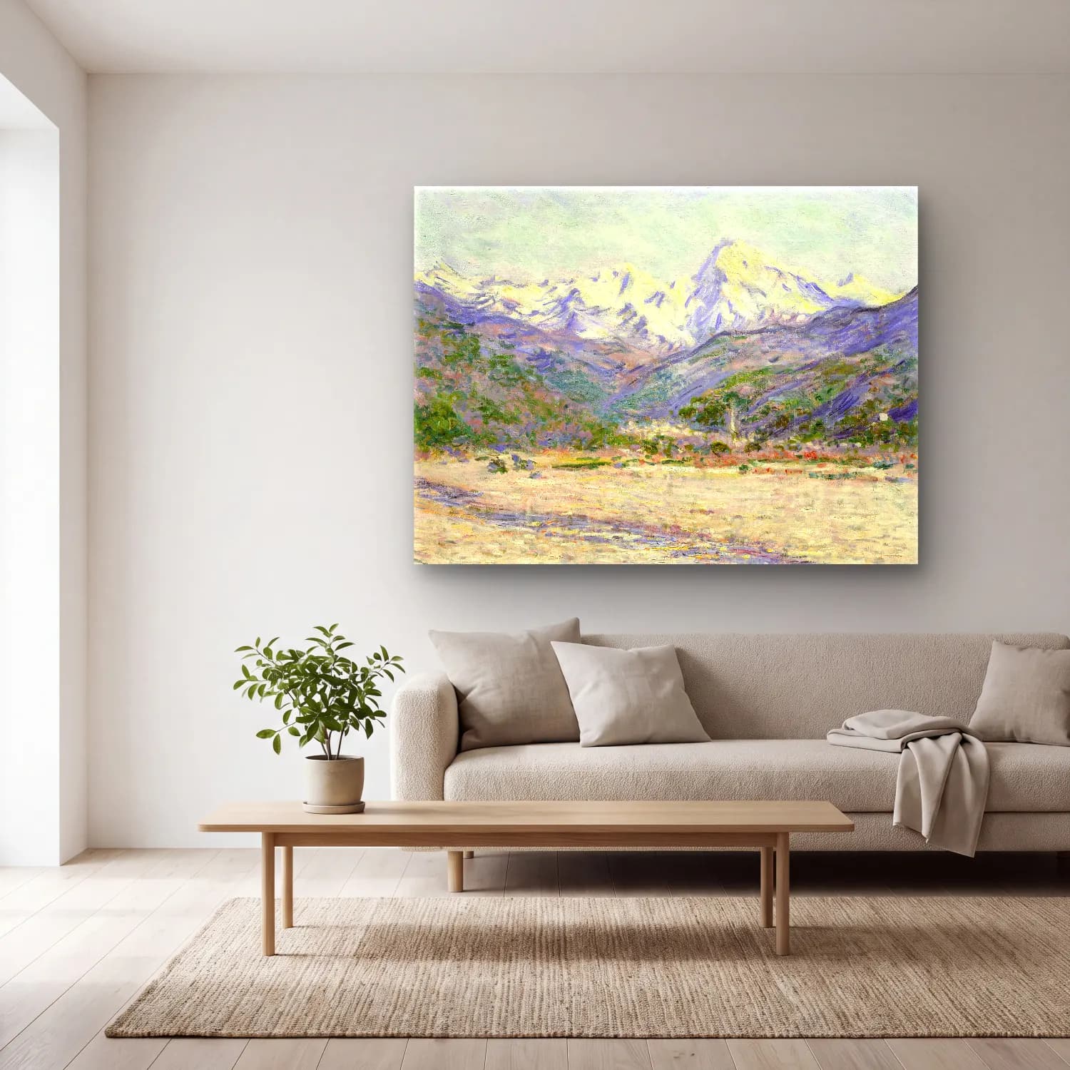 Claude Monet – The Valley of the Nervia – Bej Tonlar cam tablo — açık renk salonda
