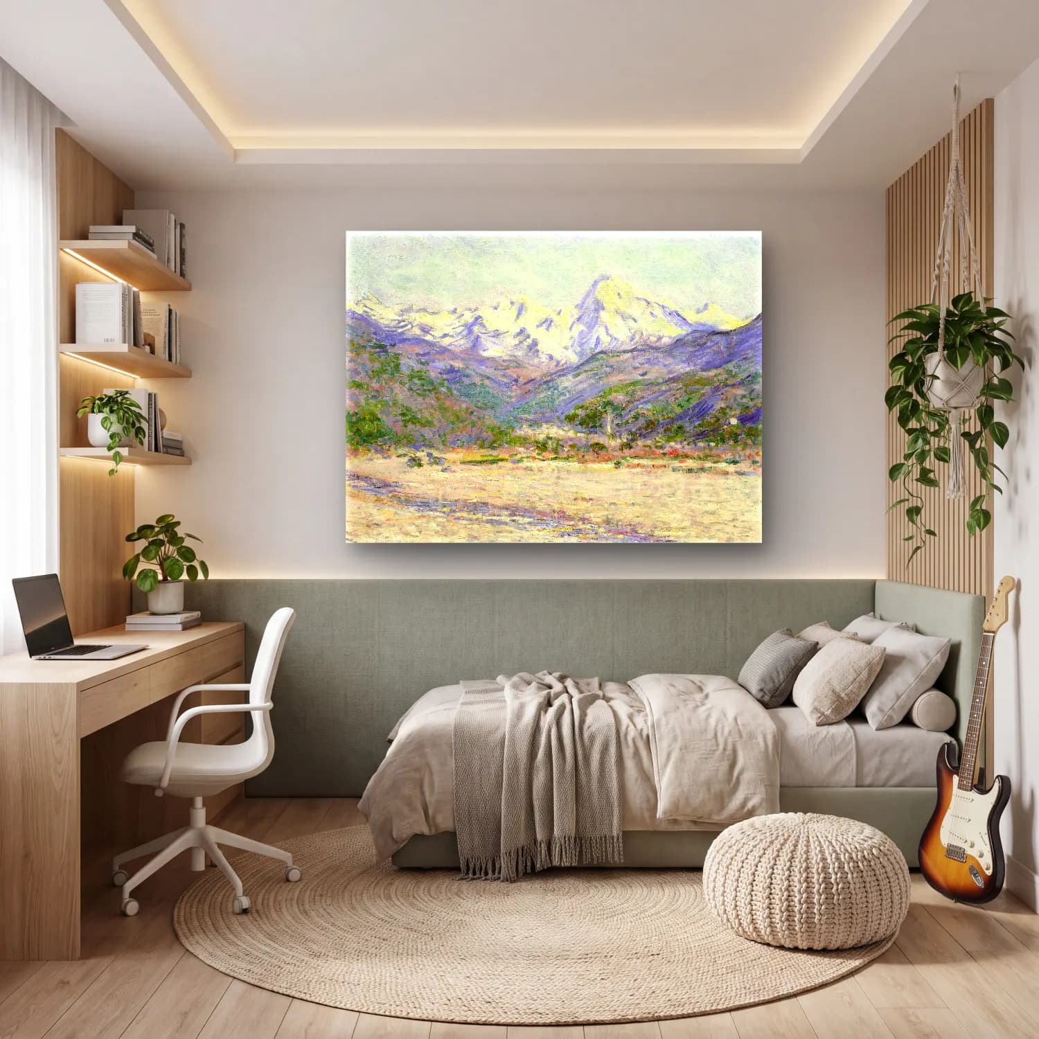 Claude Monet – The Valley of the Nervia – Bej Tonlar cam tablo — genç odasında