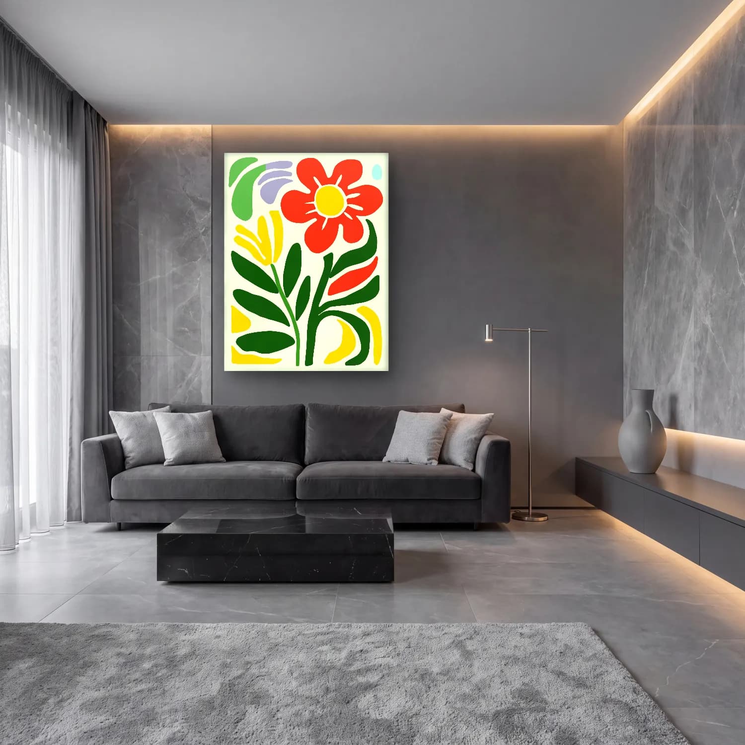 Boho Çiçek Deseni No. 62 cam tablo — lüks salon duvarında