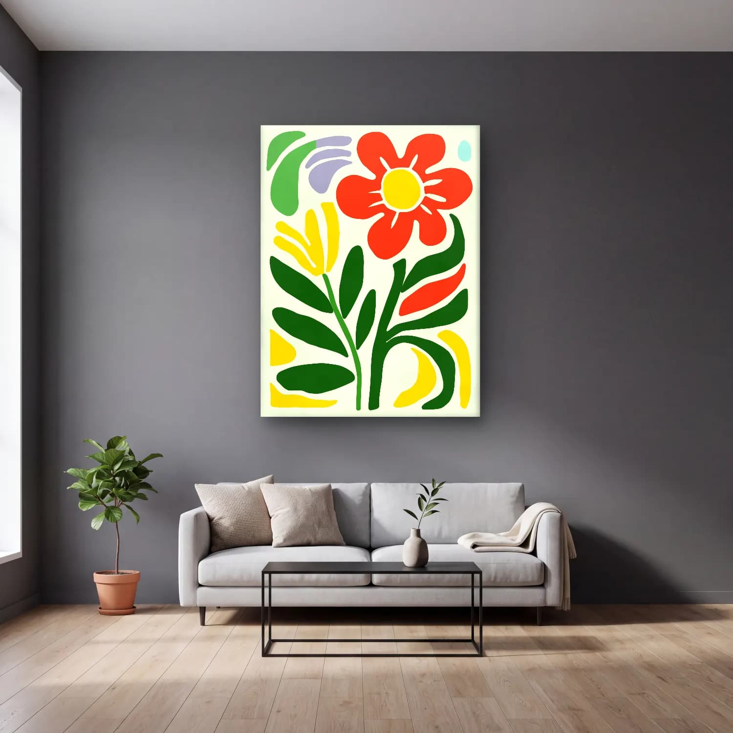 Boho Çiçek Deseni No. 62 cam tablo — gri duvarlı salonda