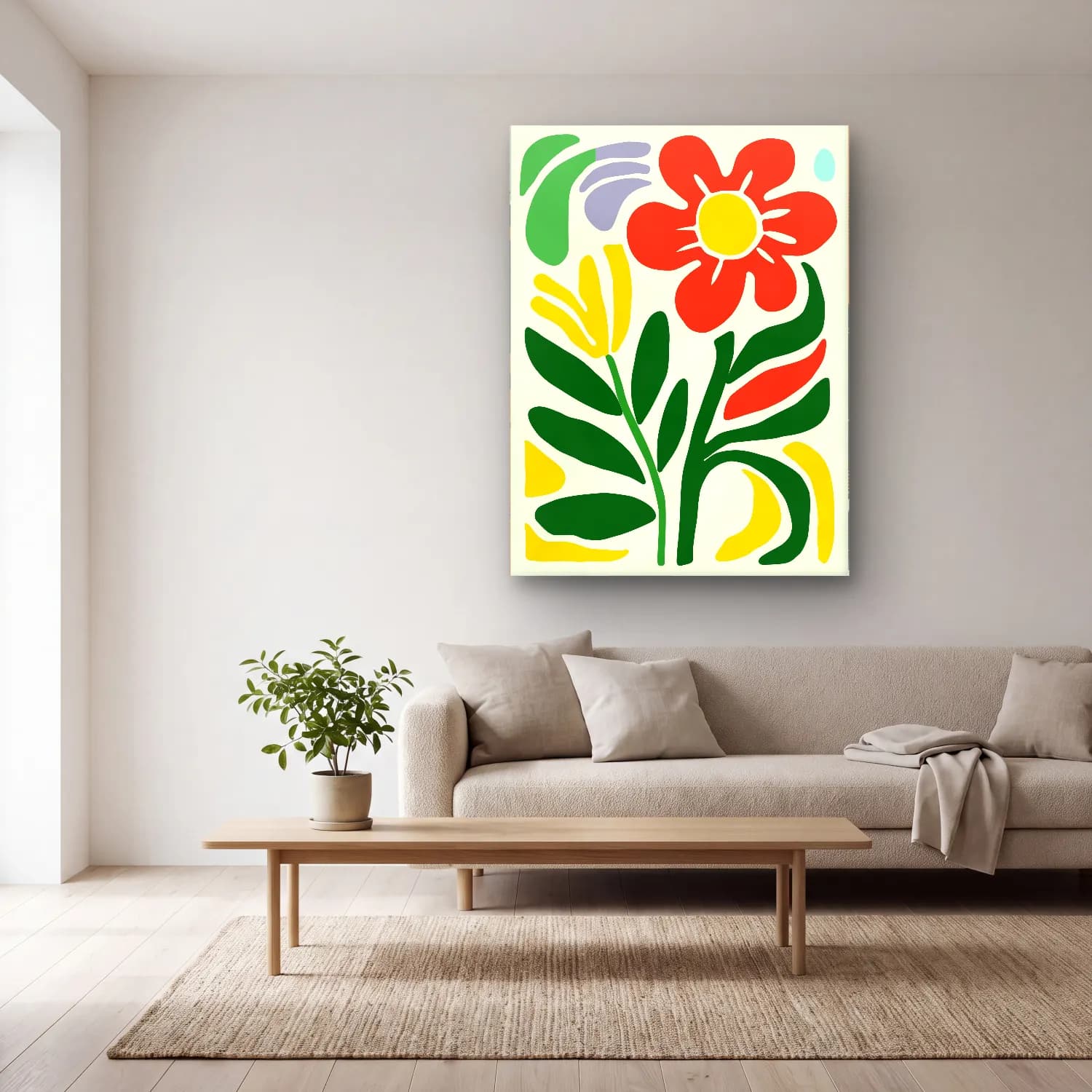 Boho Çiçek Deseni No. 62 cam tablo — açık renk salonda