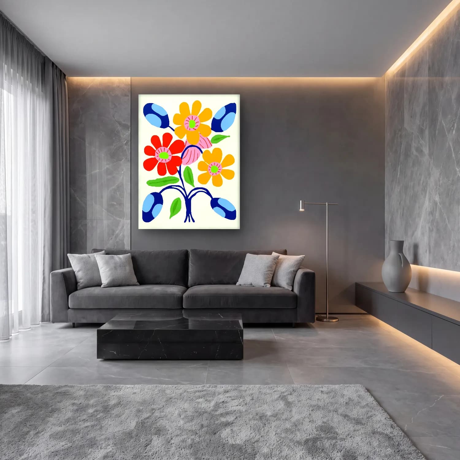 Maksimalist Çiçek Deseni – Sarı Tonlar cam tablo — lüks salon duvarında