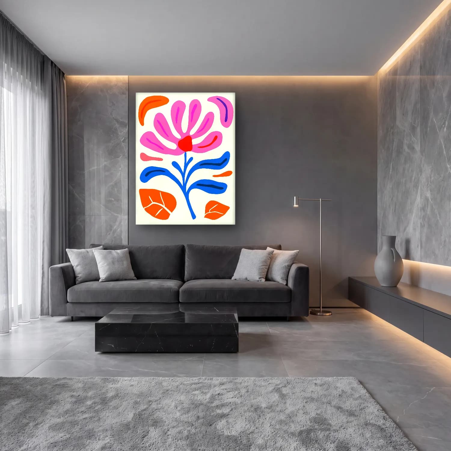 Boho Çiçek Deseni No. 63 cam tablo — lüks salon duvarında
