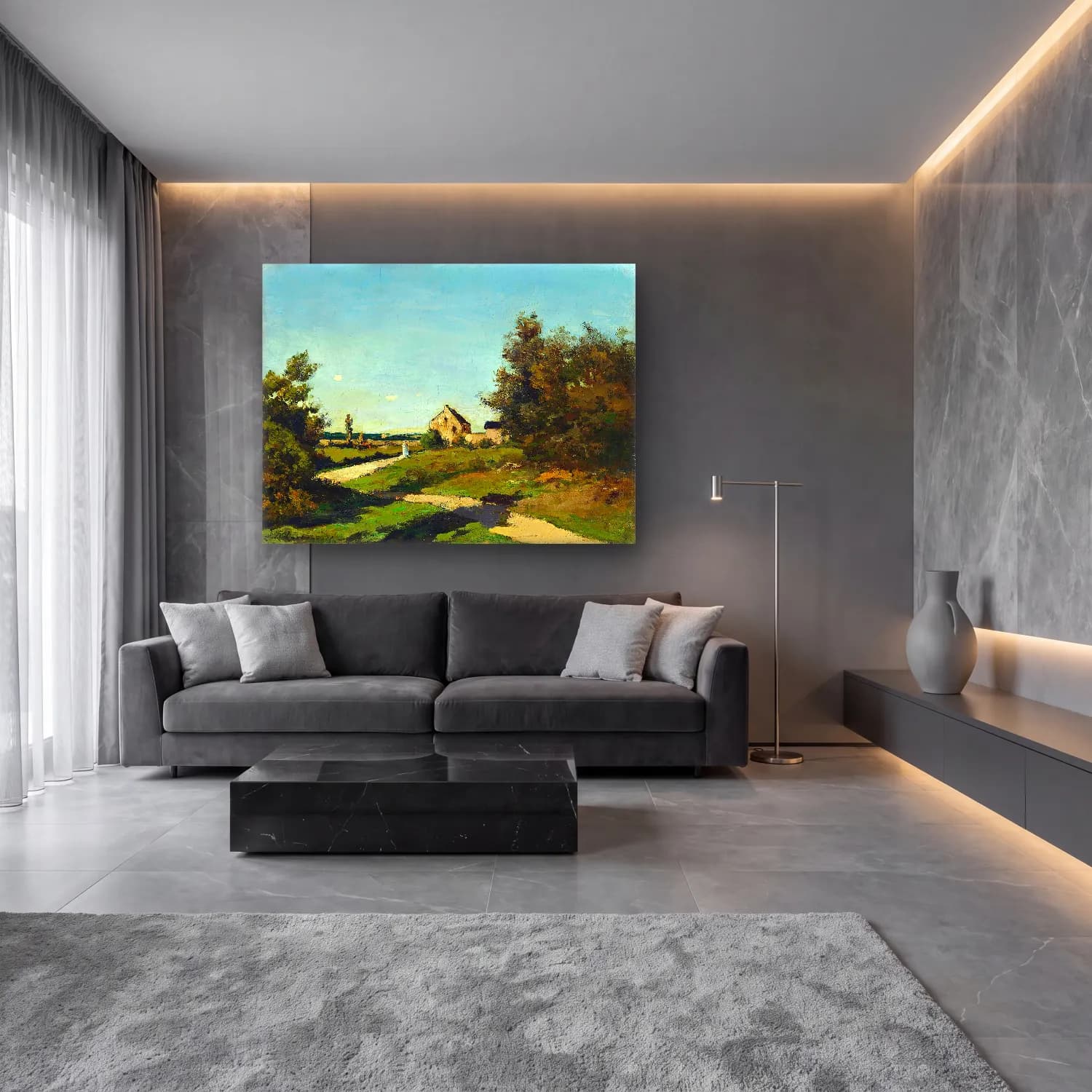 Empresyonist Kır Evi No. 48 cam tablo — lüks salon duvarında