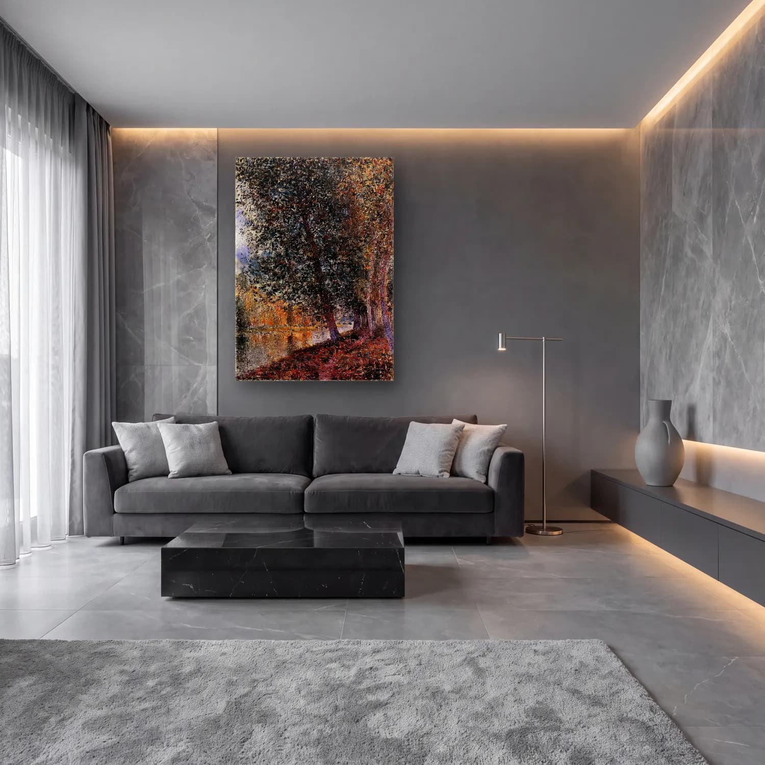 Empresyonist Kırda Nehir No. 71 cam tablo — lüks salon duvarında