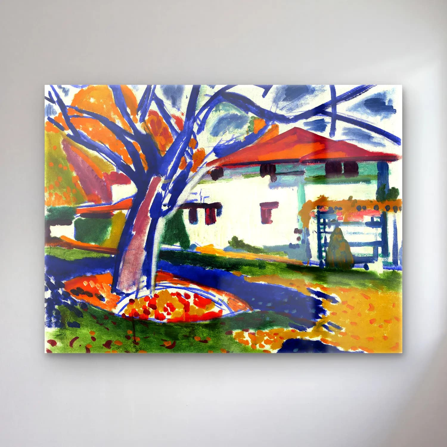 Lyman Sayen – Blue Trees Henry cam tablo — Lyman Sayen – Blue Trees Henry — modern soyut kır evi