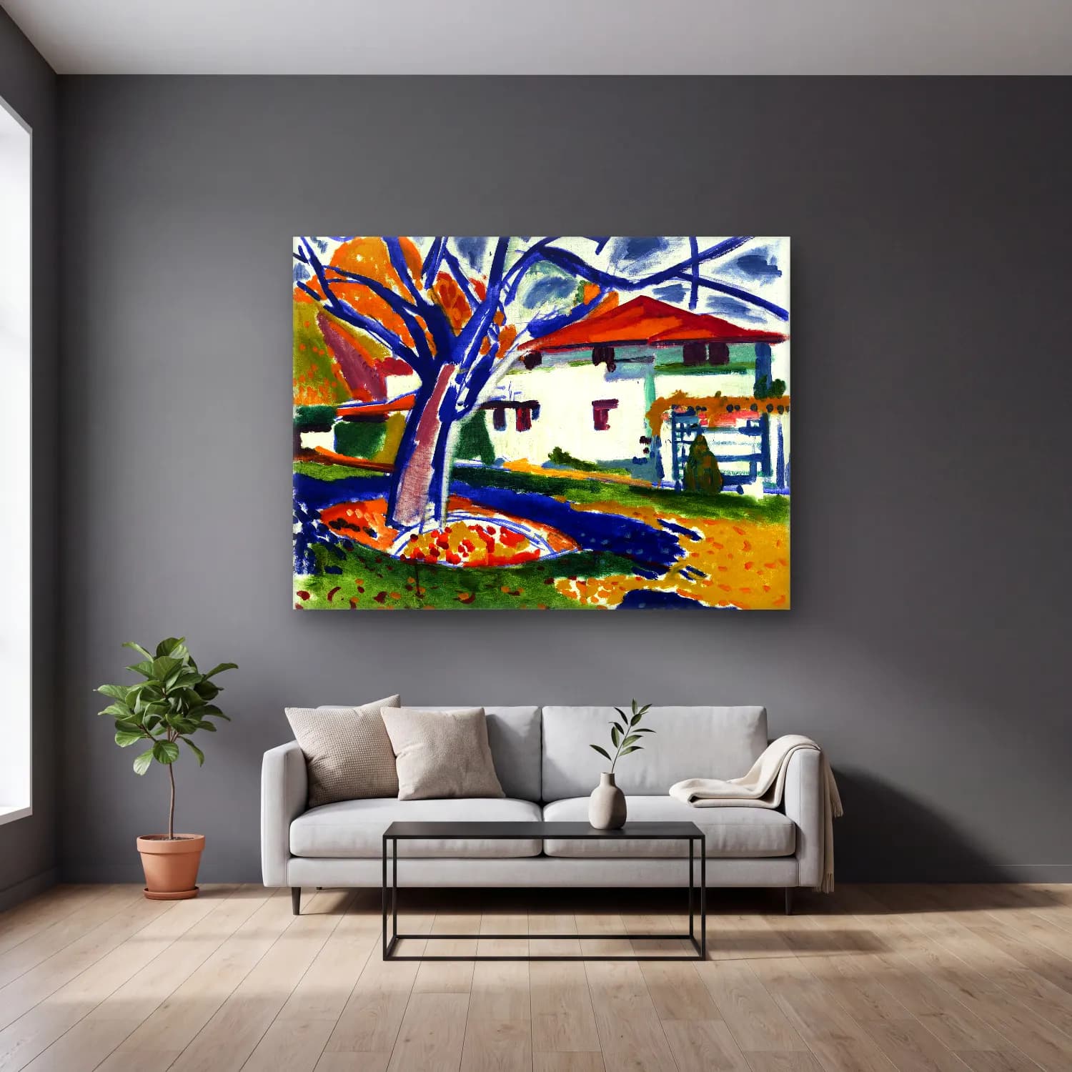 Lyman Sayen – Blue Trees Henry cam tablo — gri duvarlı salonda