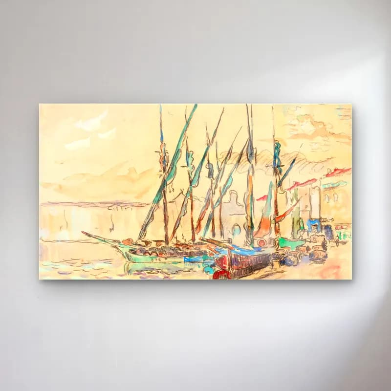 Paul Signac – St. Tropez – Pastel Tonlar cam tablo — Paul Signac – St. Tropez – Pastel Tonlar — suluboya liman ve tekneler
