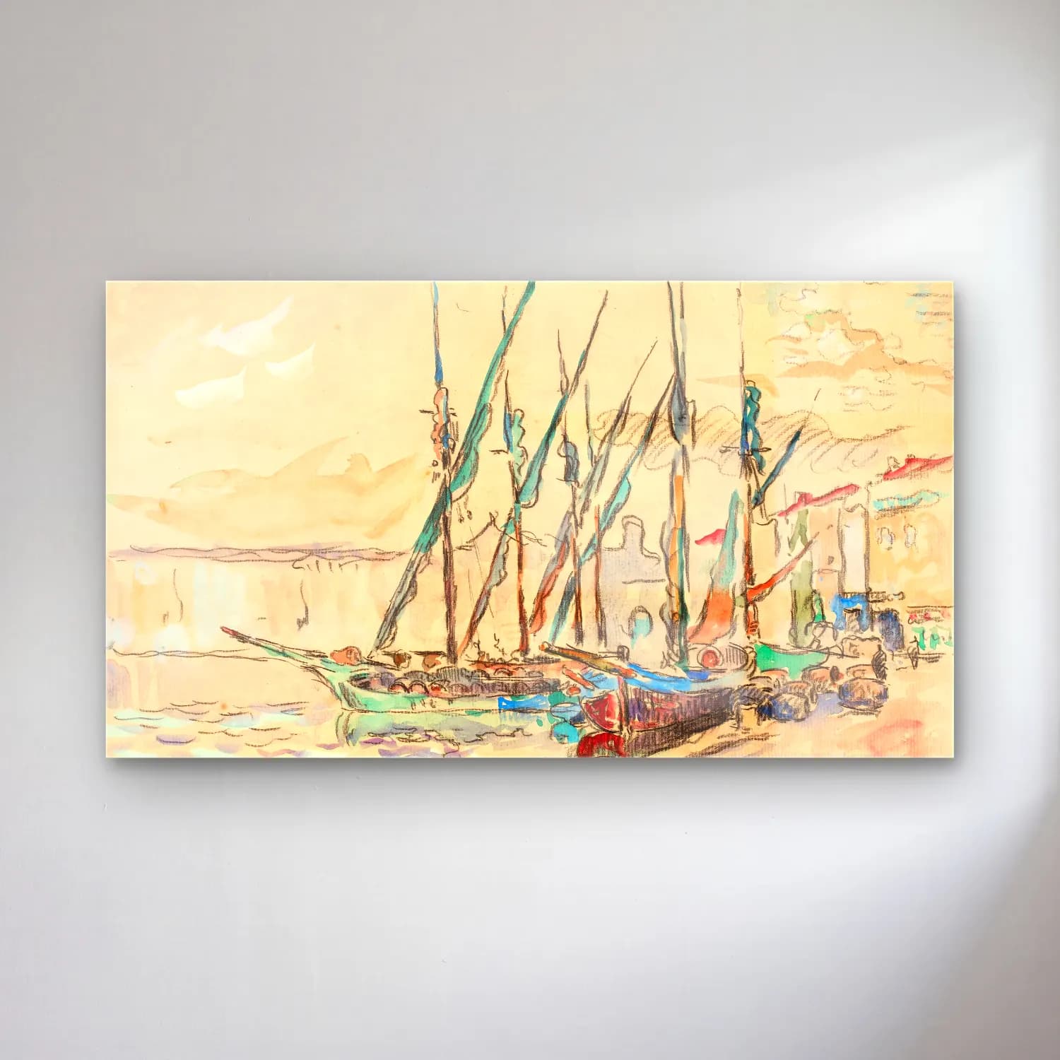 Paul Signac – St. Tropez – Pastel Tonlar cam tablo — Paul Signac – St. Tropez – Pastel Tonlar — suluboya liman ve tekneler