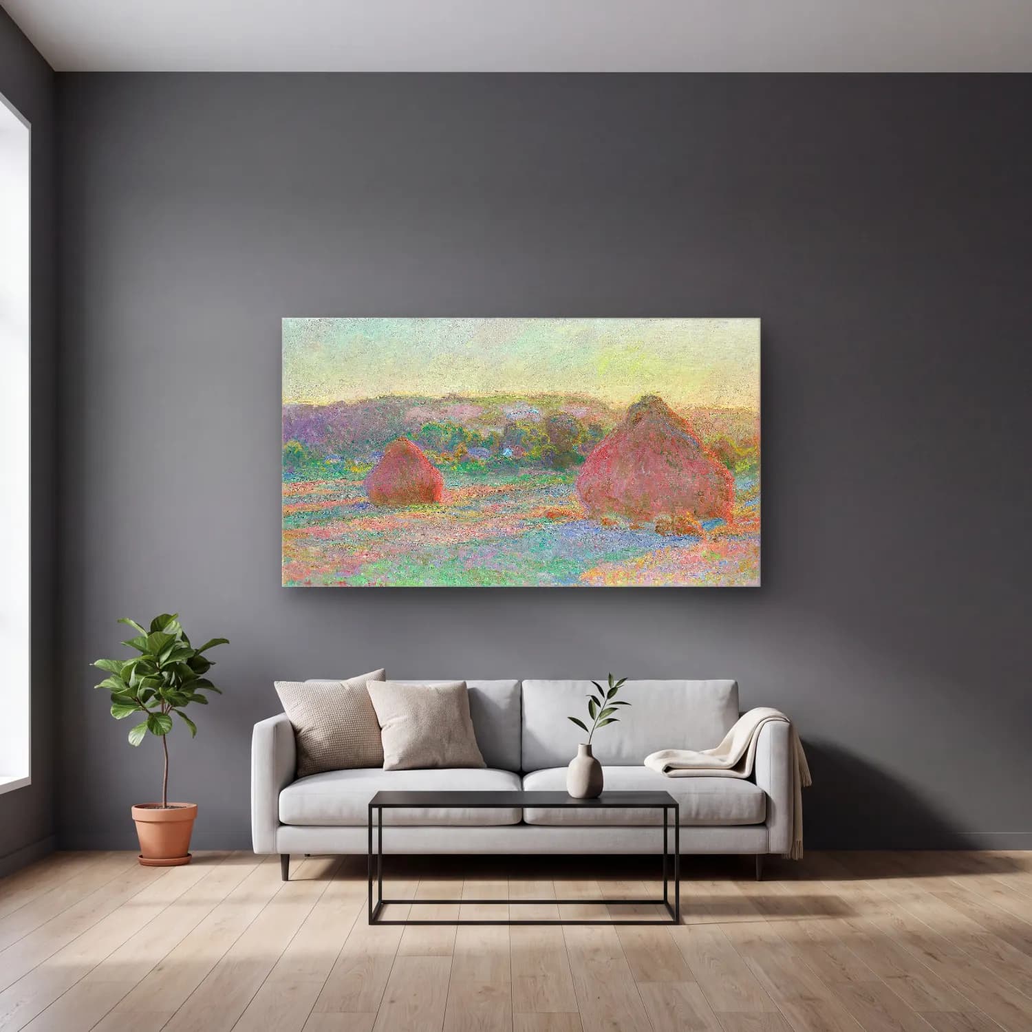 Claude Monet – Stacks of Wheat, End of Summer cam tablo — gri duvarlı salonda