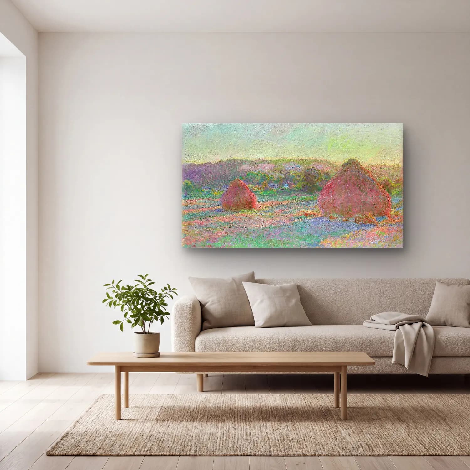Claude Monet – Stacks of Wheat, End of Summer cam tablo — açık renk salonda