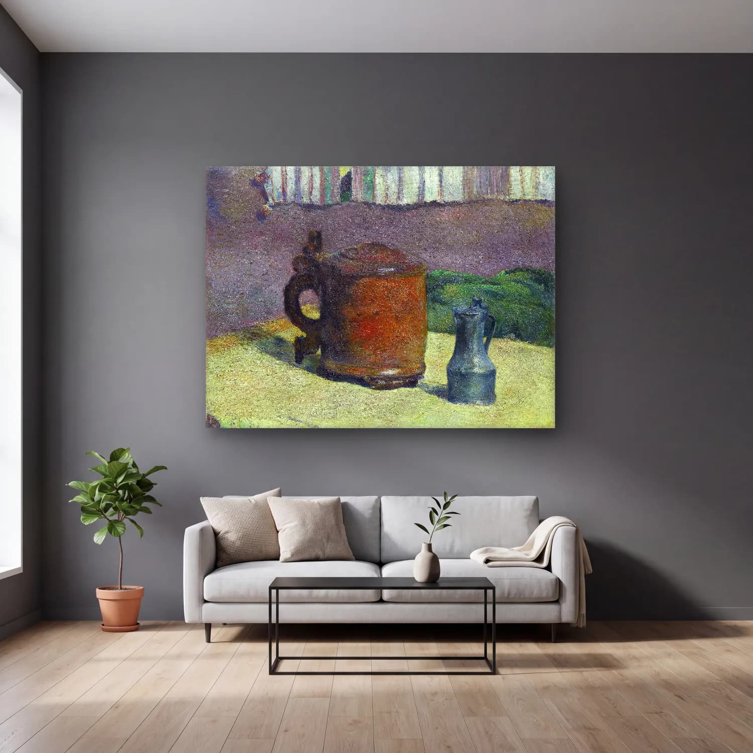 Paul Gauguin – Still Life Wood Tankard and Metal Pitcher cam tablo — gri duvarlı salonda