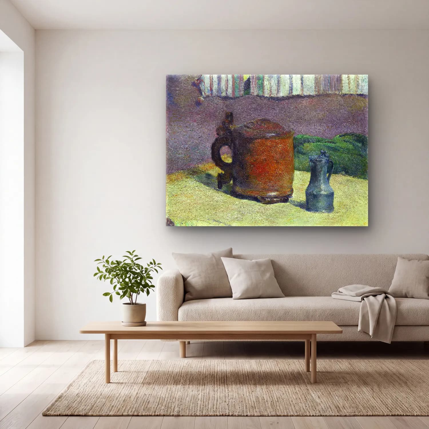 Paul Gauguin – Still Life Wood Tankard and Metal Pitcher cam tablo — açık renk salonda