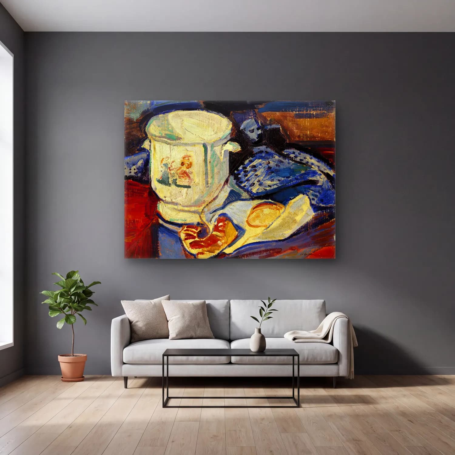 Alfred Henry Maurer – Still Life with Jardinière cam tablo — gri duvarlı salonda
