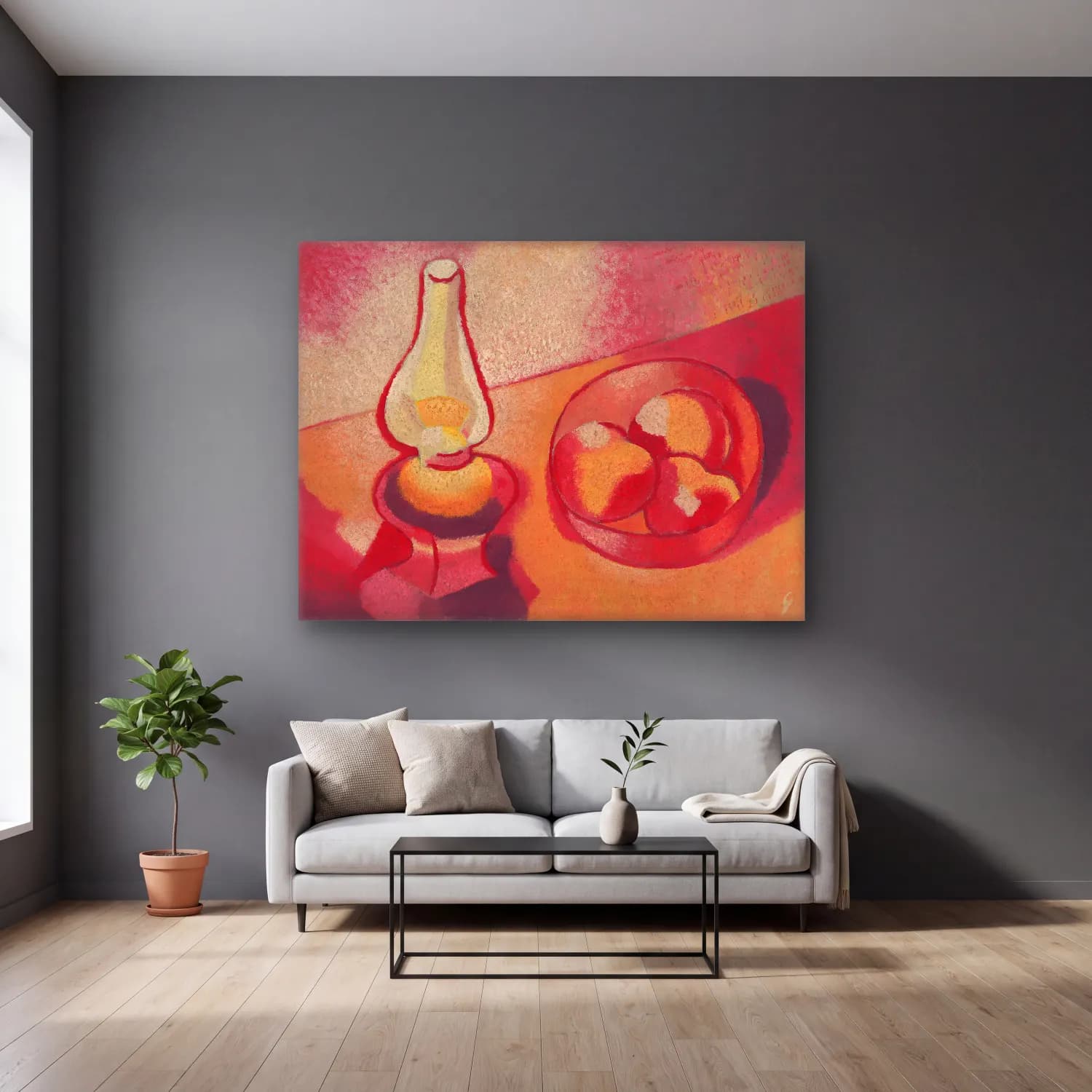 Mikuláš Galanda – Still life with a lamp cam tablo — gri duvarlı salonda