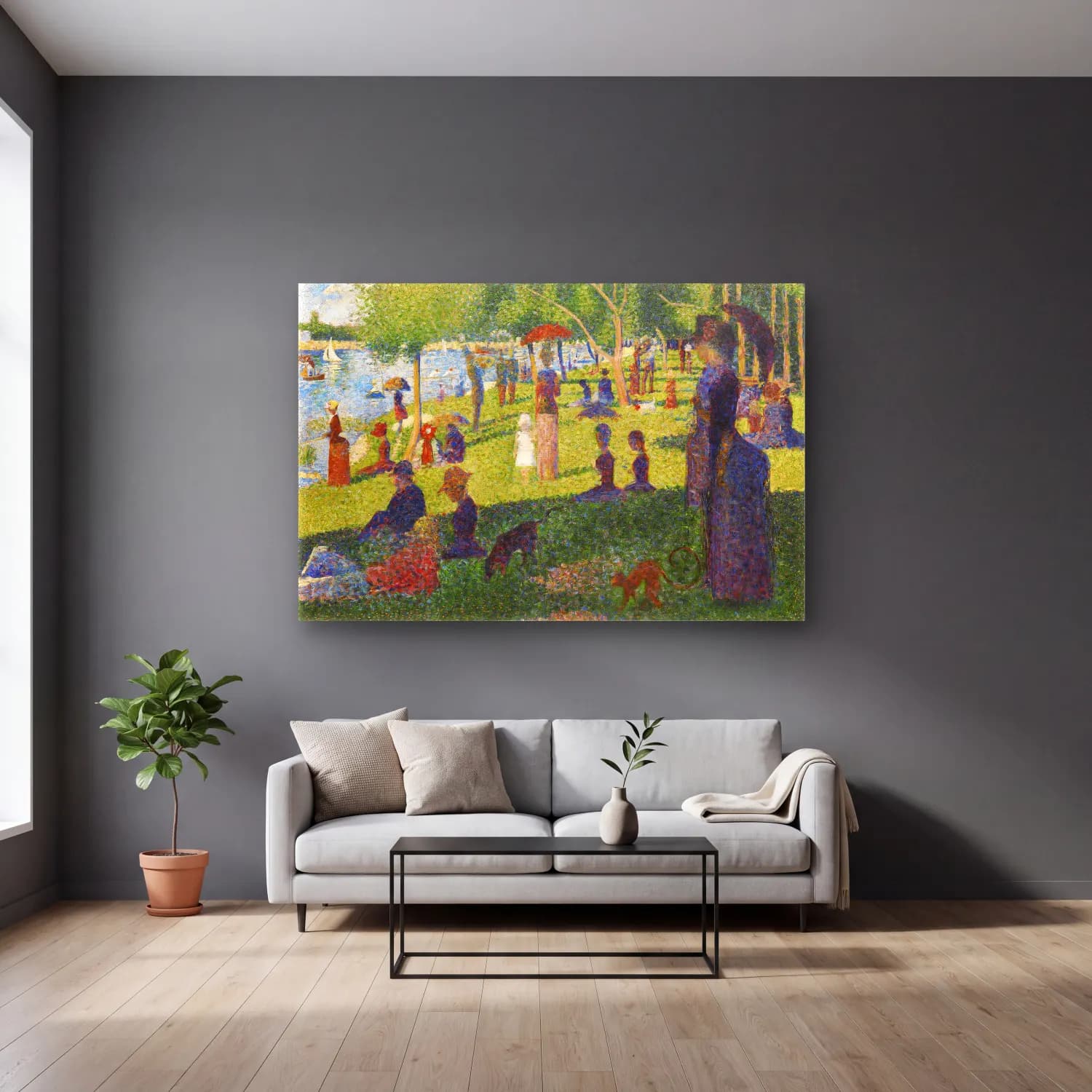 Georges Seurat – Study For a Sunday on La Grande Jatte cam tablo — gri duvarlı salonda