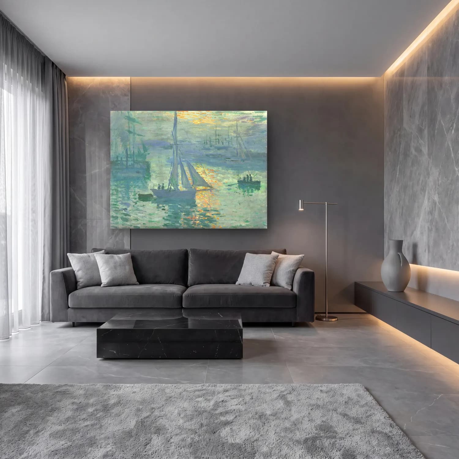 Claude Monet – Sunrise cam tablo — lüks salon duvarında