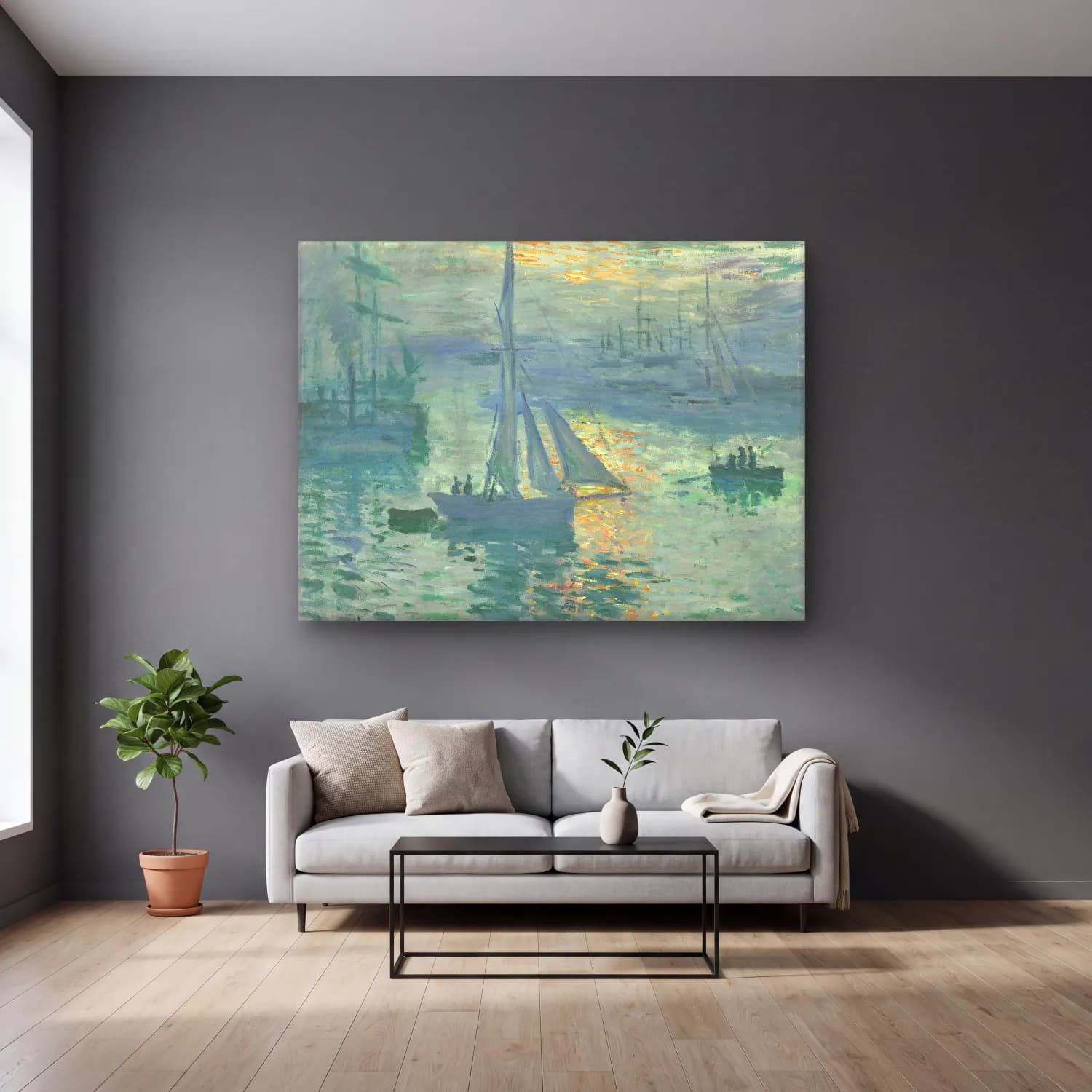 Claude Monet – Sunrise cam tablo — gri duvarlı salonda
