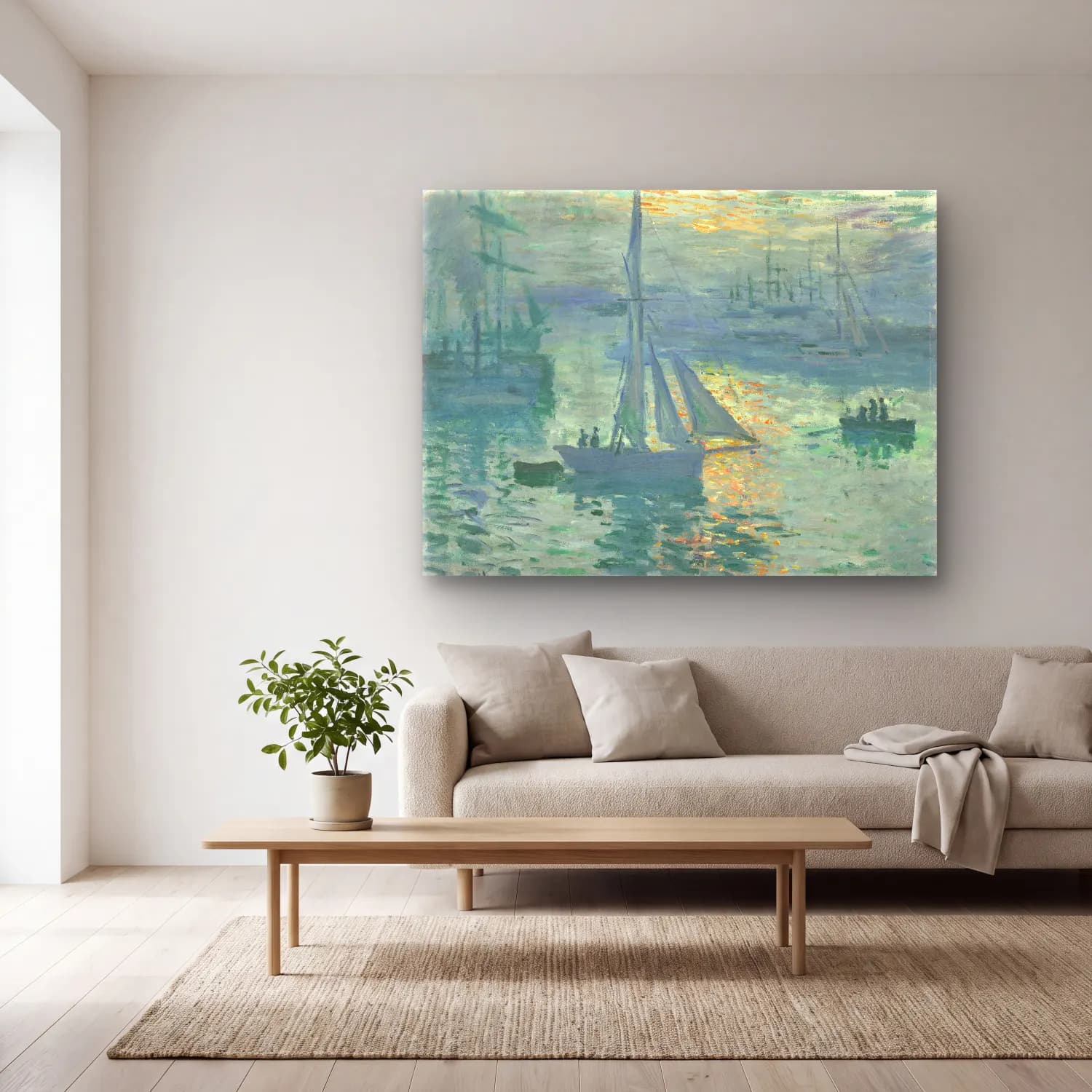 Claude Monet – Sunrise cam tablo — açık renk salonda