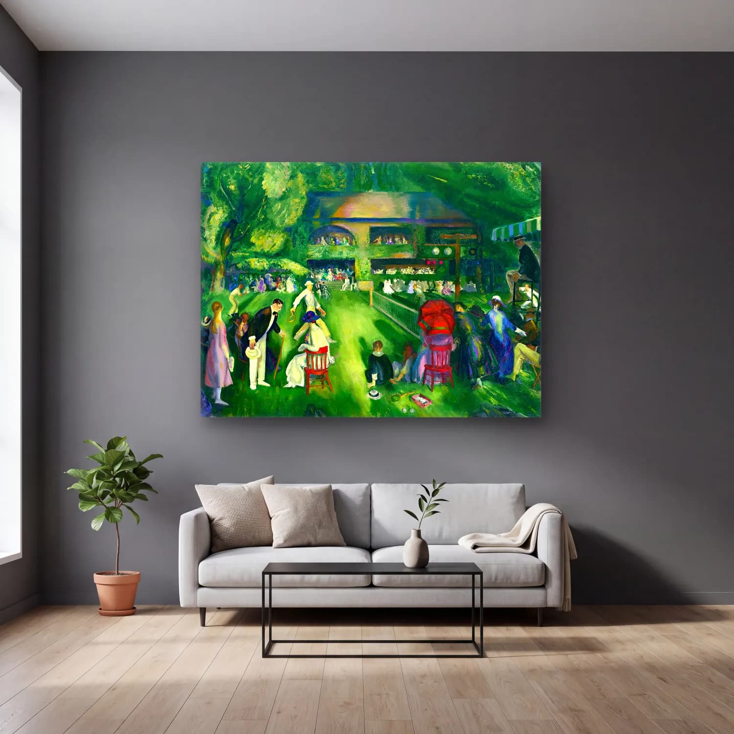 George Bellows – Tennis at Newport oil painting art cam tablo — gri duvarlı salonda