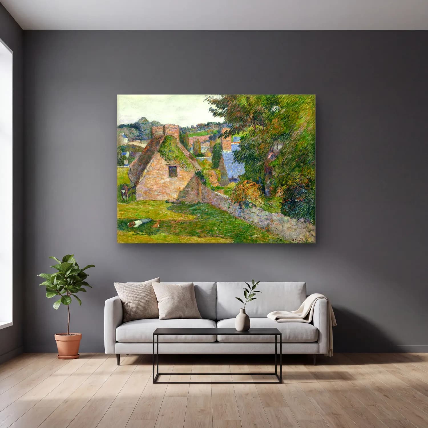 Paul Gauguin – The Field of Derout-Lollichon cam tablo — gri duvarlı salonda