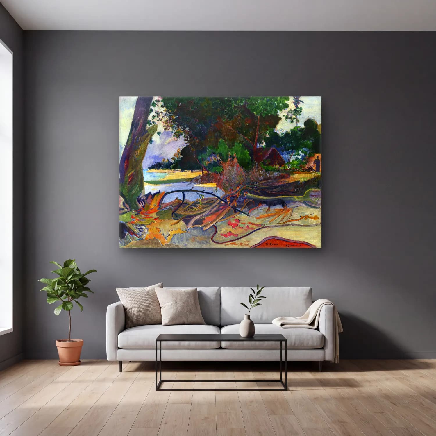 Paul Gauguin – The Hibiscus Tree (Te burao) cam tablo — gri duvarlı salonda