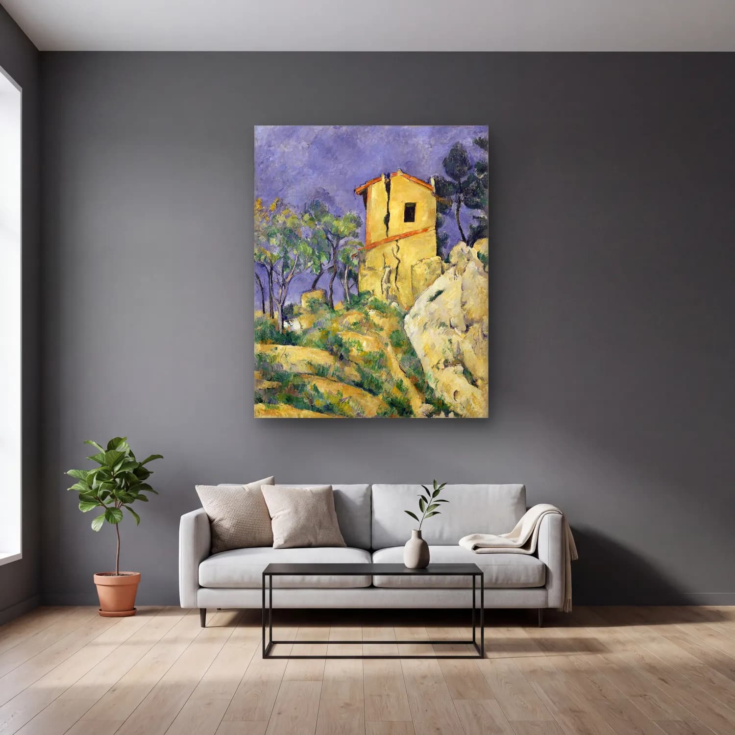 Paul Cézanne – The House with the Cracked Walls cam tablo — gri duvarlı salonda