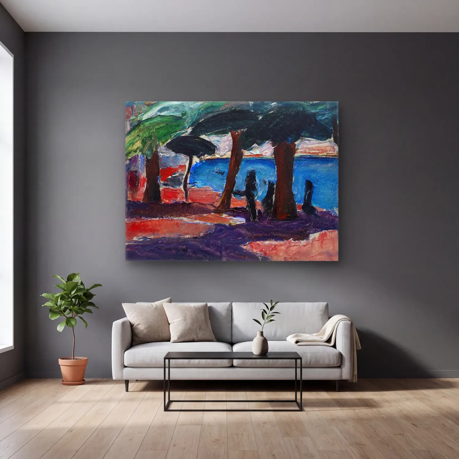 Jens Adolf Jerichau – The Quay, Bandol cam tablo — gri duvarlı salonda