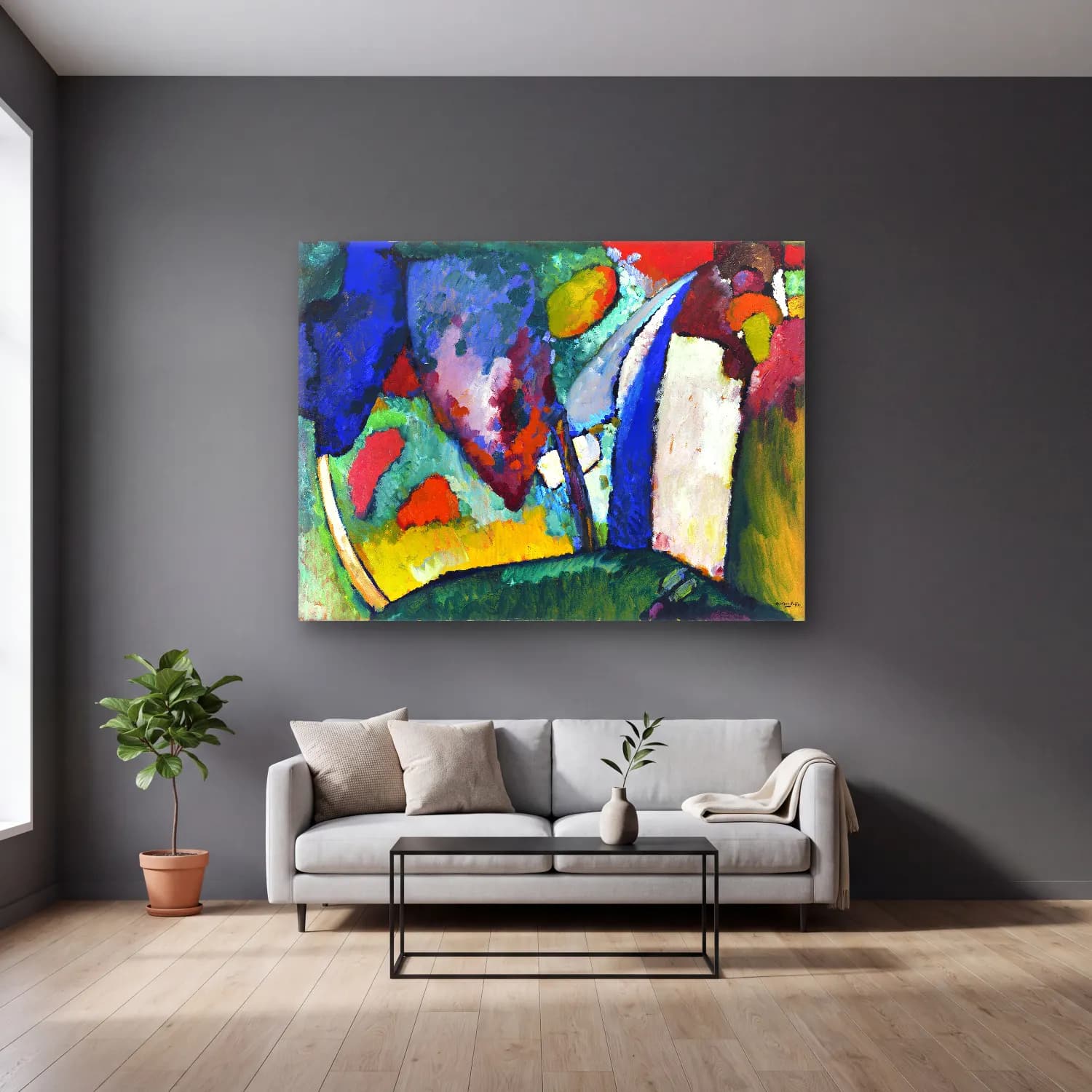 Wassily Kandinsky – The Waterfall painting in high resolution cam tablo — gri duvarlı salonda